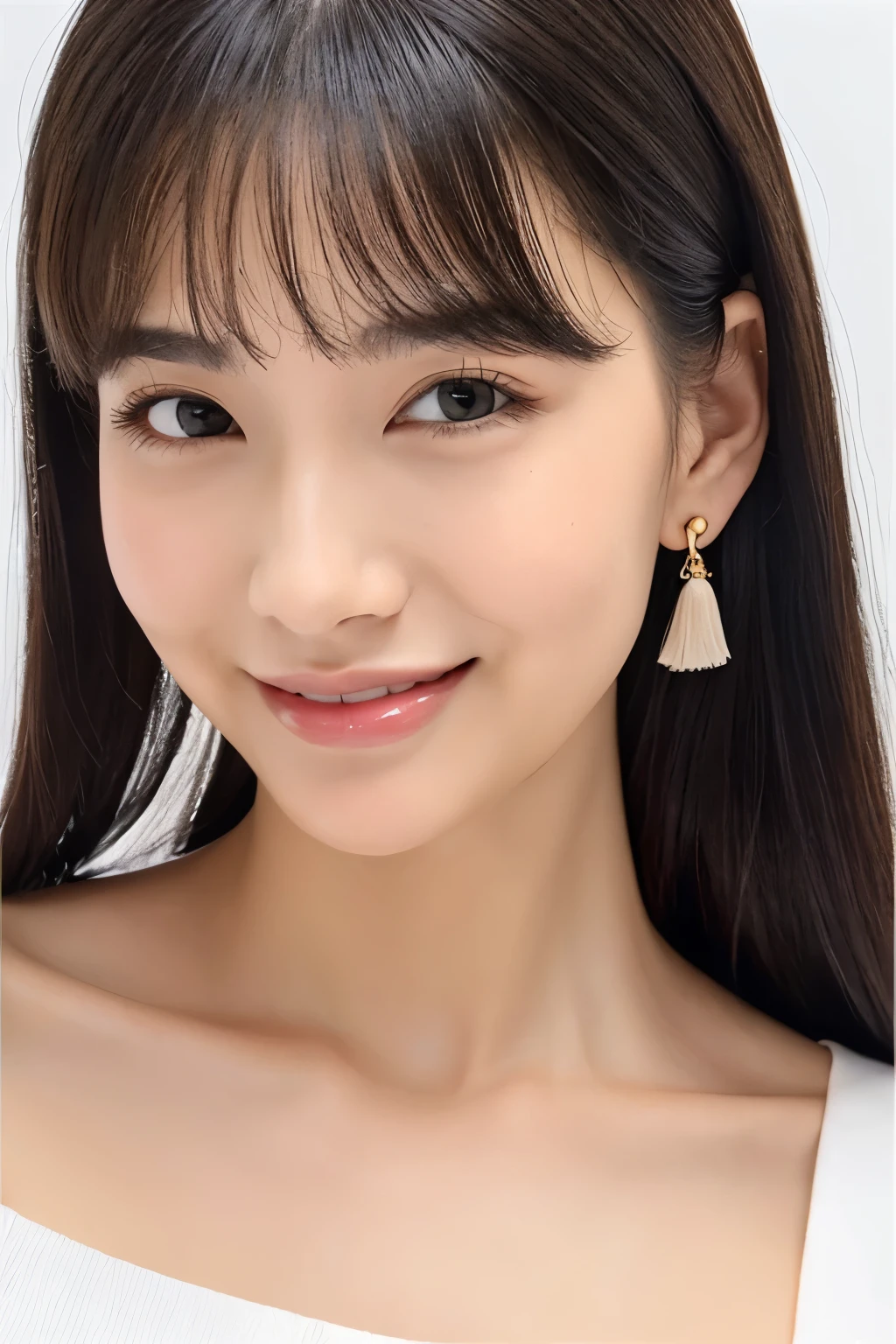masterpiece、top-quality、high-detail、1 female、(Photorealsitic:1.4)、solo、White background、with a pure white background、closes mouth、Happy smile、Smile happily、pretty black hair、Long、big eye、Distinct double eyelids、Lashes、Put your ears out、long neck、skirt by the、((Face close-up))、(cap、Draw all the shoulders)、40 years、Attractive proportions、glowy skin、Clean collarbone、The face of the golden ratio、face perfect、Tear mole、bangss、Clean bangs、lipgloss、thin lipss、White-colored skin、Square image