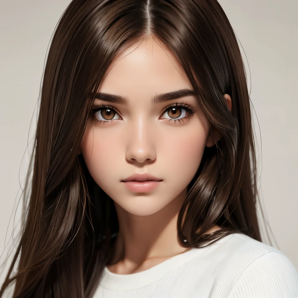 Girl, long brown hair, brown eyes, sharp features, white skin, young woman, jeans style, textured background