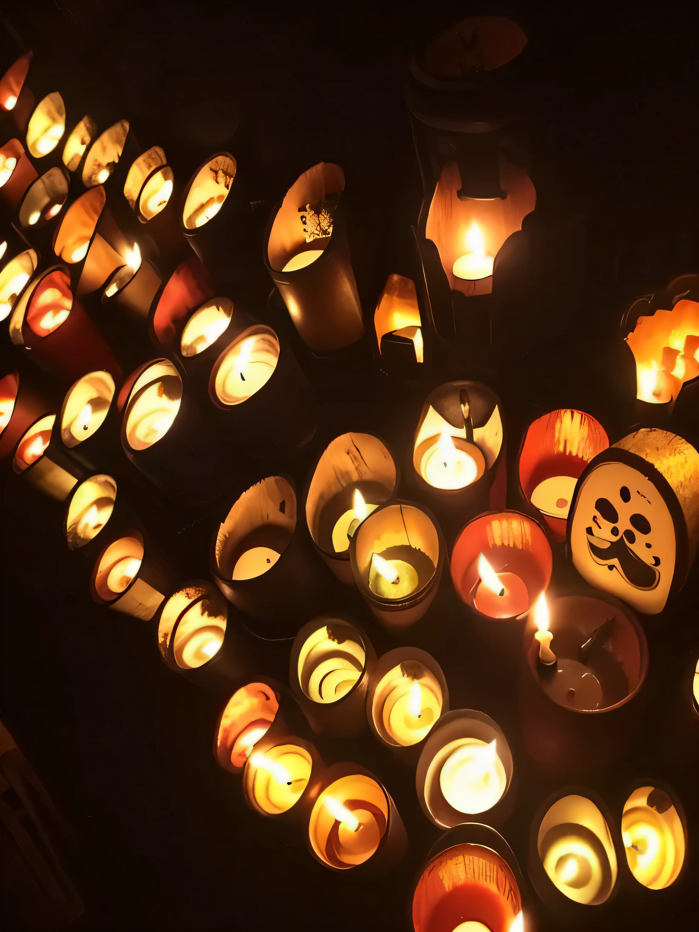 candles are lit in a circle with faces on them, lots of candles, candle lights, lit with candles, room full of candles, in a room full of candles, lit candles, candles, candlelit catacombs, candle lighting, candles in foreground, candle light, dark lit candles, lights, candles!, glowing candles, candlelit, numerous dimly glowing eyes