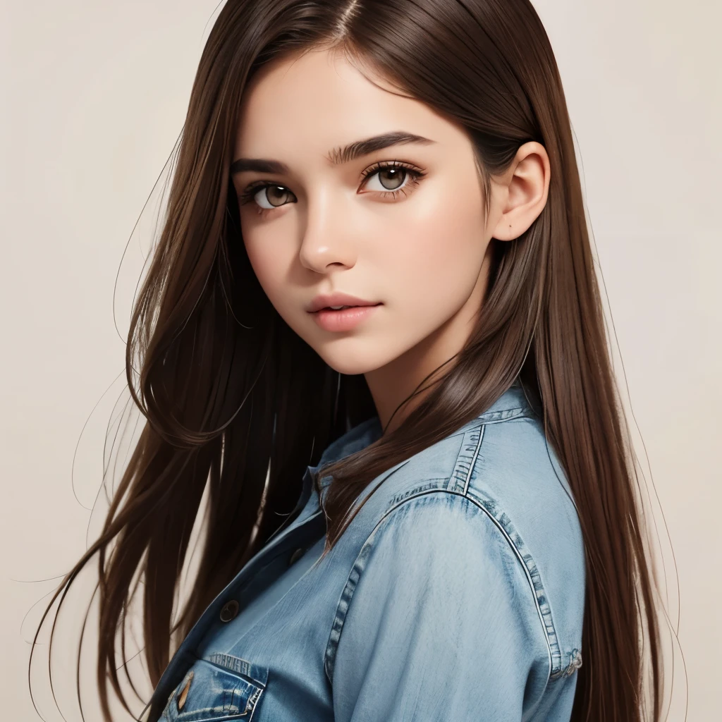 Girl, long brown hair, brown eyes, sharp features, white skin, young woman, jeans style, textured background