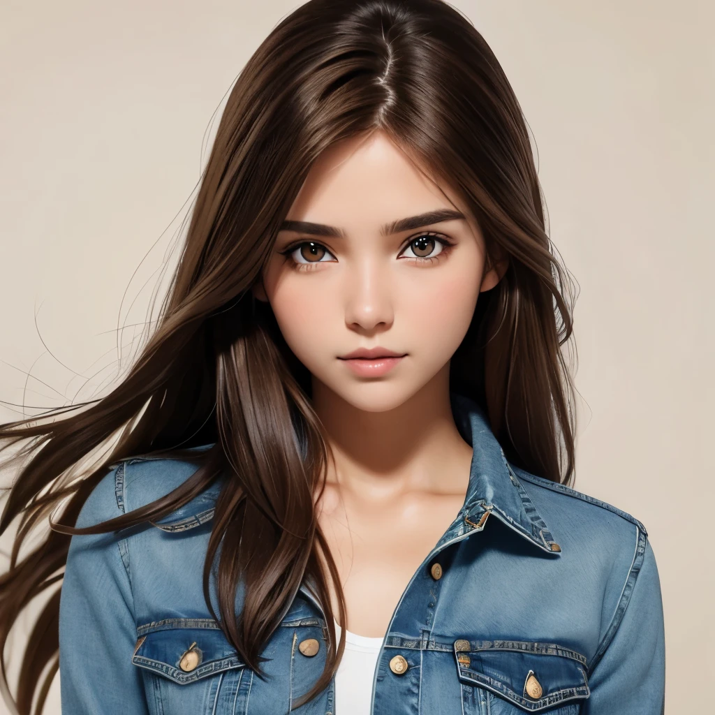 Girl, long brown hair, brown eyes, sharp features, white skin, young woman, jeans style, textured background