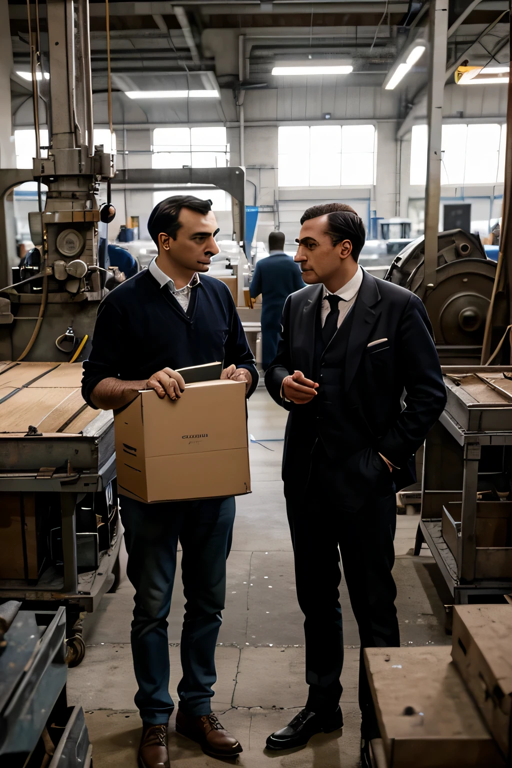 Marcel and Fernand Renault, along with Louis, strategizing in their bustling car factory amidst rows of workers and machinery.