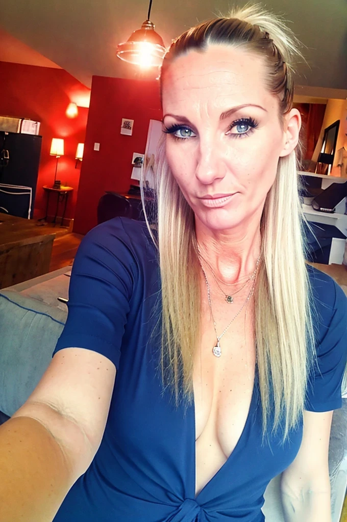 Marija, ponytailed dyed blond y lady, selfie, wearing a sexlothes,