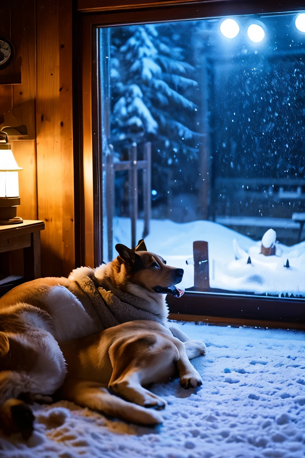 relaxing night、A dog cozying up in a warm room、snow outside the window
