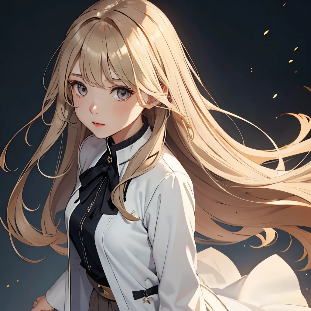 Girl, long soft brown-blonde hair, gray eyes, sharp features, white skin, blouse style and long skirt jacket,