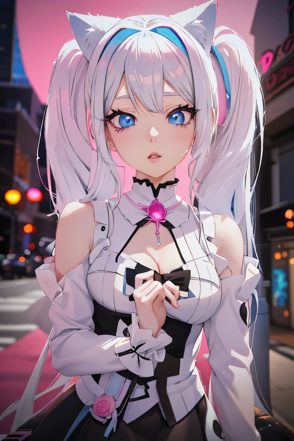 anime girl with white hair and blue eyes wearing a black dress, pink twintail hair and cyan eyes, anime style. 8k, anime styled 3d, anime vibes, anime styled, cute character, render of a cute 3d anime girl, close up character, anime stylized, stylized anime, anime inspired, anime girl with cat ears