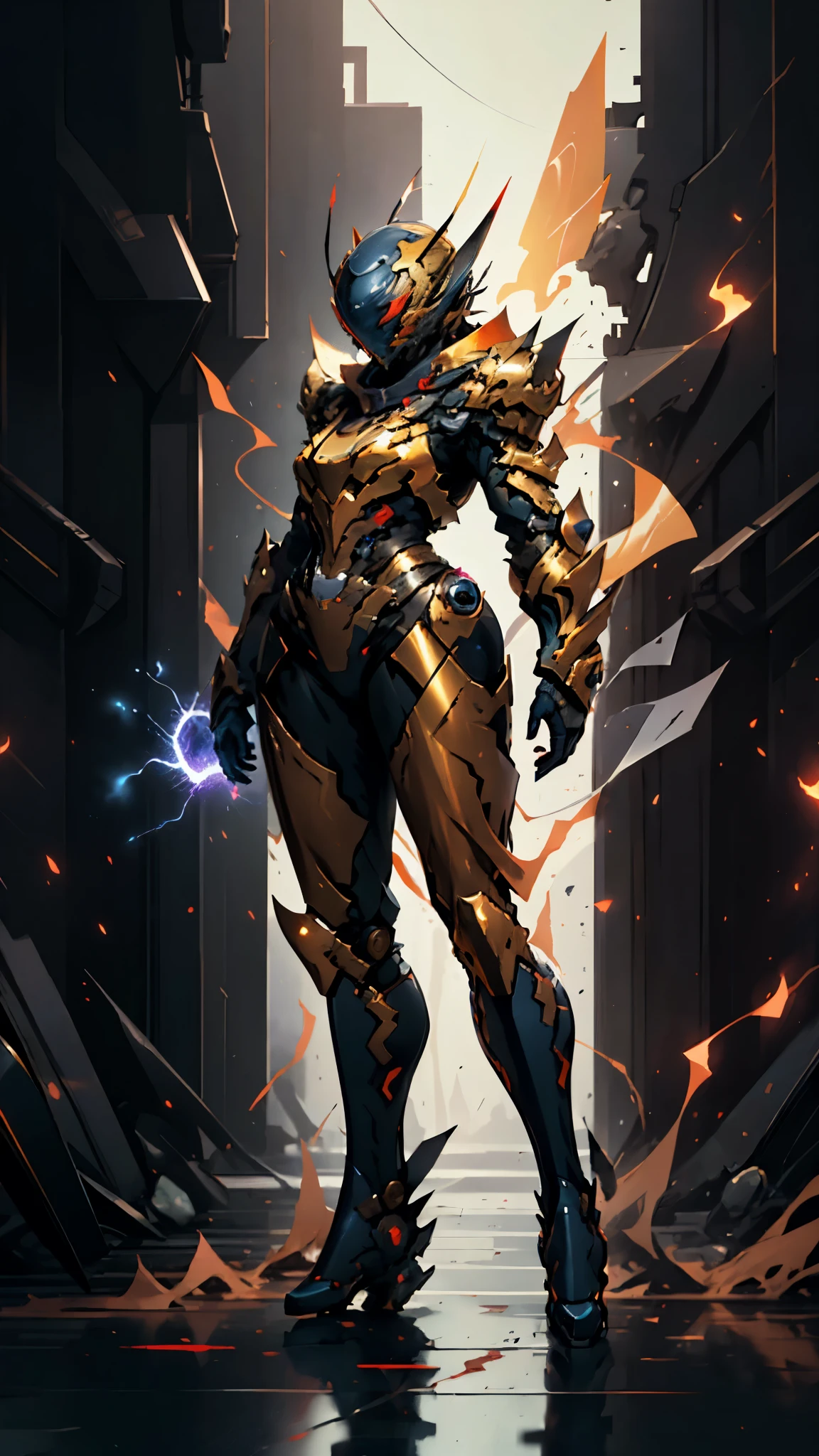 A woman adorned in fantasy-style full-body armor, a crown-concept fully enclosed helmet that unveils only her eyes, a composite layered chest plate, fully encompassing shoulder and hand guards, a lightweight waist armor, form-fitting shin guards, the overall design is heavy-duty yet flexible, ((the armor gleams with a golden glow, complemented by red and blue accents)), exhibiting a noble aura, she floats above a fantasy-surreal high-tech city, this character embodies a finely crafted fantasy-surreal style armored hero in anime style, exquisite and mature manga art style, (mixture of Queen bee and Spider concept Armor, plasma, blood), ((Element, energy, elegant, goddess, femminine:1.5)), metallic, high definition, best quality, highres, ultra-detailed, ultra-fine painting, extremely delicate, professional, anatomically correct, symmetrical face, extremely detailed eyes and face, high quality eyes, creativity, RAW photo, UHD, 32k, Natural light, cinematic lighting, masterpiece-anatomy-perfect, masterpiece:1.5