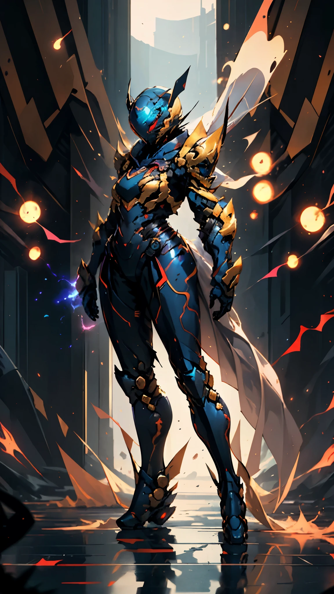 A woman adorned in fantasy-style full-body armor, a crown-concept fully enclosed helmet that unveils only her eyes, a composite layered chest plate, fully encompassing shoulder and hand guards, a lightweight waist armor, form-fitting shin guards, the overall design is heavy-duty yet flexible, ((the armor gleams with a golden glow, complemented by red and blue accents)), exhibiting a noble aura, she floats above a fantasy-surreal high-tech city, this character embodies a finely crafted fantasy-surreal style armored hero in anime style, exquisite and mature manga art style, (mixture of Queen bee and Spider concept Armor, plasma, blood), ((Element, energy, elegant, goddess, femminine:1.5)), metallic, high definition, best quality, highres, ultra-detailed, ultra-fine painting, extremely delicate, professional, anatomically correct, symmetrical face, extremely detailed eyes and face, high quality eyes, creativity, RAW photo, UHD, 32k, Natural light, cinematic lighting, masterpiece-anatomy-perfect, masterpiece:1.5