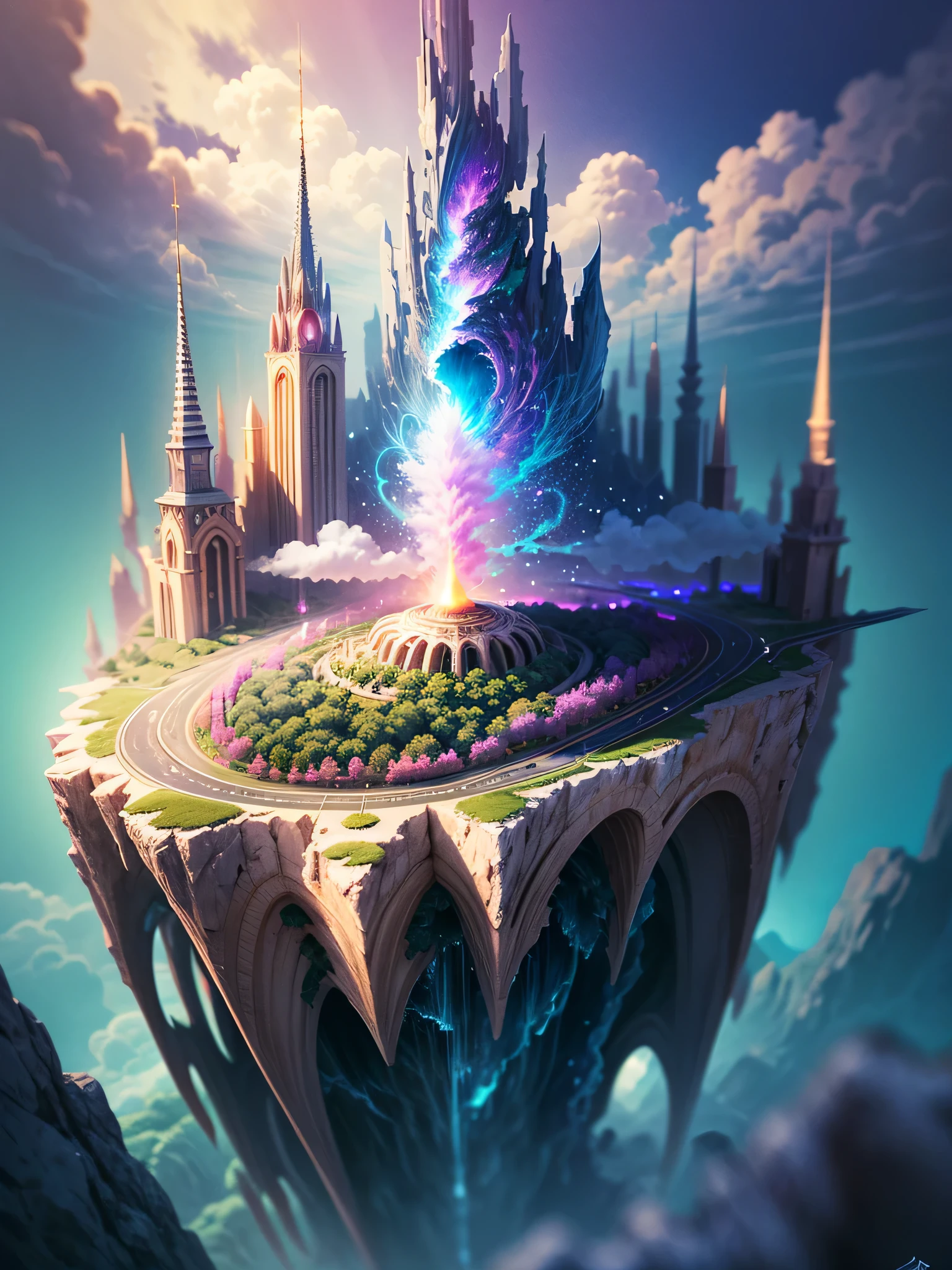 Imagine enchanting scenes in a vibrant fantasy kingdom. The environment is filled with intricate floating islands, fluffy clouds, Waterfall pours down from floating island, and a vibrant, surreal atmosphere. The atmosphere is filled with a sense of wonder and tranquility. Include various shades of pink as well as other vibrant jewel tones in the image. This scene will be depicted using anime style illustrations, with soft lines, pastel colors, And a whimsical touch. All buildings are extremely detailed and elegant. The artwork will capture the ethereal beauty and serenity of a dreamland, Create a feeling of escaping from the ordinary world. Add cyan water, Colorful watercolor sky, Glowing elements, and lots of fantasy little details，including iridescence, Exquisite scenery, shiny. the most important is, This should look like a fantasy artwork,32k