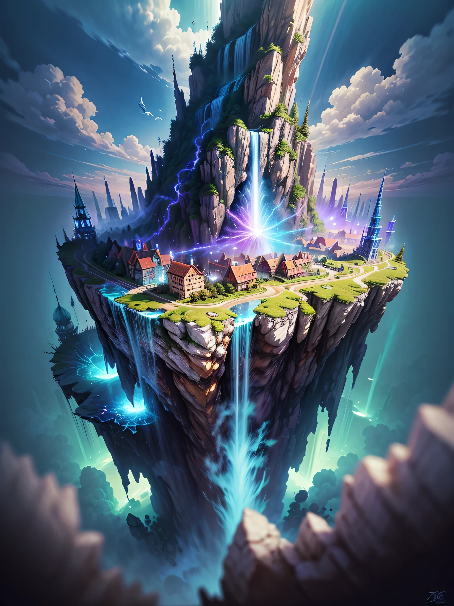 Imagine enchanting scenes in a vibrant fantasy kingdom. The environment is filled with intricate floating islands, fluffy clouds, Waterfall pours down from floating island, and a vibrant, surreal atmosphere. The atmosphere is filled with a sense of wonder and tranquility. Include various shades of pink as well as other vibrant jewel tones in the image. This scene will be depicted using anime style illustrations, with soft lines, pastel colors, And a whimsical touch. All buildings are extremely detailed and elegant. The artwork will capture the ethereal beauty and serenity of a dreamland, Create a feeling of escaping from the ordinary world. Add cyan water, Colorful watercolor sky, Glowing elements, and lots of fantasy little details，including iridescence, Exquisite scenery, shiny. the most important is, This should look like a fantasy artwork,32k