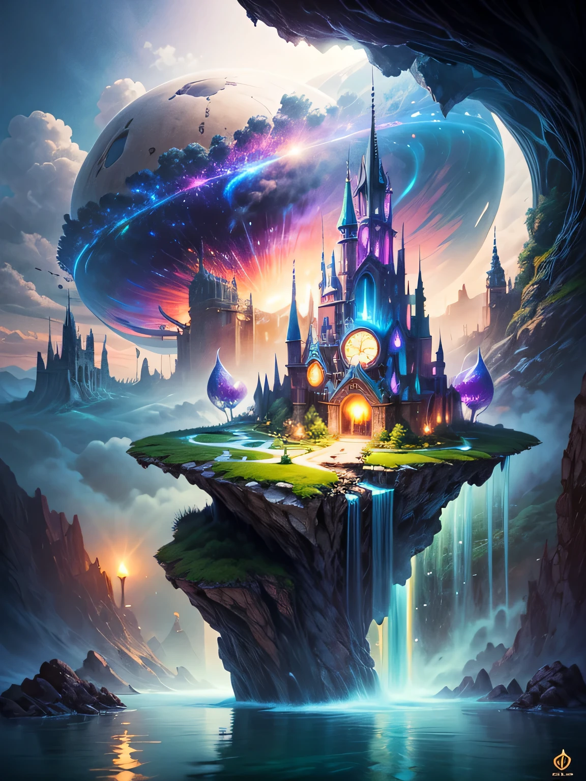 Imagine enchanting scenes in a vibrant fantasy kingdom. The environment is filled with intricate floating islands, fluffy clouds, Waterfall pours down from floating island, and a vibrant, surreal atmosphere. The atmosphere is filled with a sense of wonder and tranquility. Include various shades of pink as well as other vibrant jewel tones in the image. This scene will be depicted using anime style illustrations, with soft lines, pastel colors, And a whimsical touch. All buildings are extremely detailed and elegant. The artwork will capture the ethereal beauty and serenity of a dreamland, Create a feeling of escaping from the ordinary world. Add cyan water, Colorful watercolor sky, Glowing elements, and lots of fantasy little details,including iridescence, Exquisite scenery, shiny. the most important is, This should look like a fantasy artwork,32k