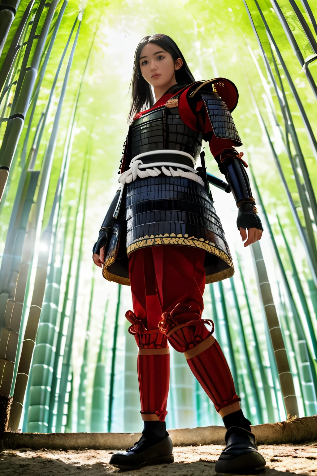 (masterpiece, best quality, hyperrealistic, photrealistic, cinematic photo, RAW), 18 year old girl, pale skin, Japanese amazing slim and fit body, ((Red Japanese armor on the chest, black trousers)), ((samurai facial armor)), (japanese traditional shoes), long straight black hair, hair flowing, perfect slender legs, wide hips, perfect hands, beautiful face, perfect face, youthful, (blured background), modern style, from below, (low-angle shoot), low_angle_human, towering, (full body shot), standing, kneeling, underneath shot, (view viewer), looking at viewer,(8k, epic composition, photorealistic, sharp focus), detailed background, ((Outside a Japanese Shinto Temple, a bamboo forest at background)), inside illumination, DSLR, foil grain, backlight