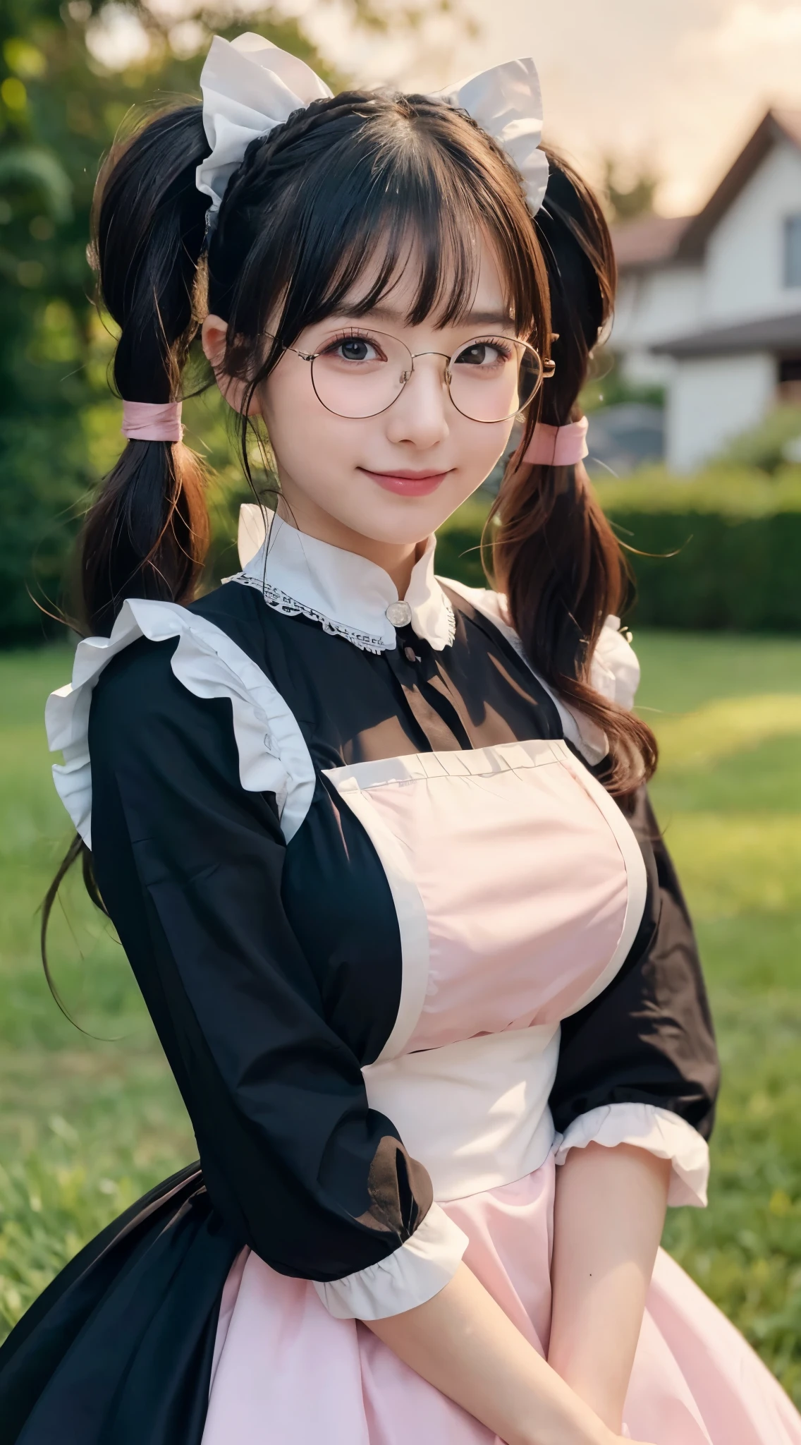 (Highest quality,8K quality,masterpiece:1.3),(Ultra-high resolution,Realistic:1.4,Live Shooting),(Very detailed,Caustics,Detailed Background),(Ultra-Realistic Capture,Beautiful and detailed skin,Perfect Anatomy),At dusk,Sunset sky, ((Gothic ta, Maid clothes, Twin tail hairstyle, black eye)), ,14 ye,single eyelid,Long black hair,,Looking into the camera,へにょへにょしたsmile,whole body,Natural light、Big Breasts、Black-rimmed glasses、smile、