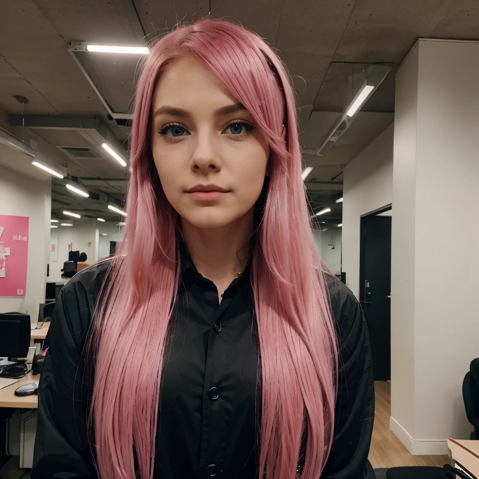 Man with pink hair, black executive suit, looking forward, long hair, sweet look, blue eyes, pink eyeshadow, inside an office.