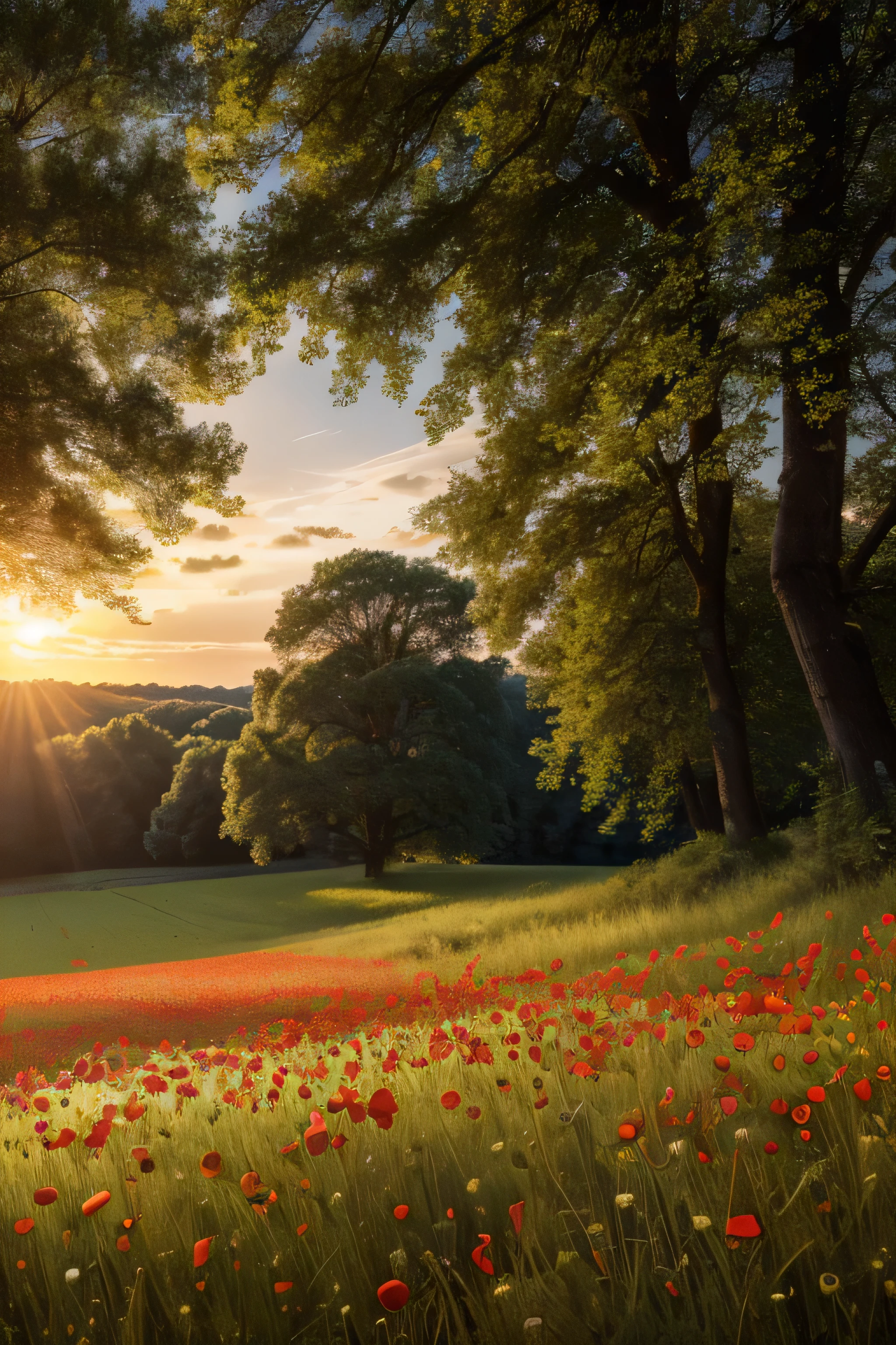 (best quality,highres:1.2),ultra-detailed,photorealistic,portrait-like,landscape:0.9,photographic image,field of flowers,tall trees,soft sunlight filtering through,poppy flowers,dynamic composition,mimosa trees,rich colors,highly detailed grass and leaves,realistic textures,vivid colors,warm color tones,dynamic lighting