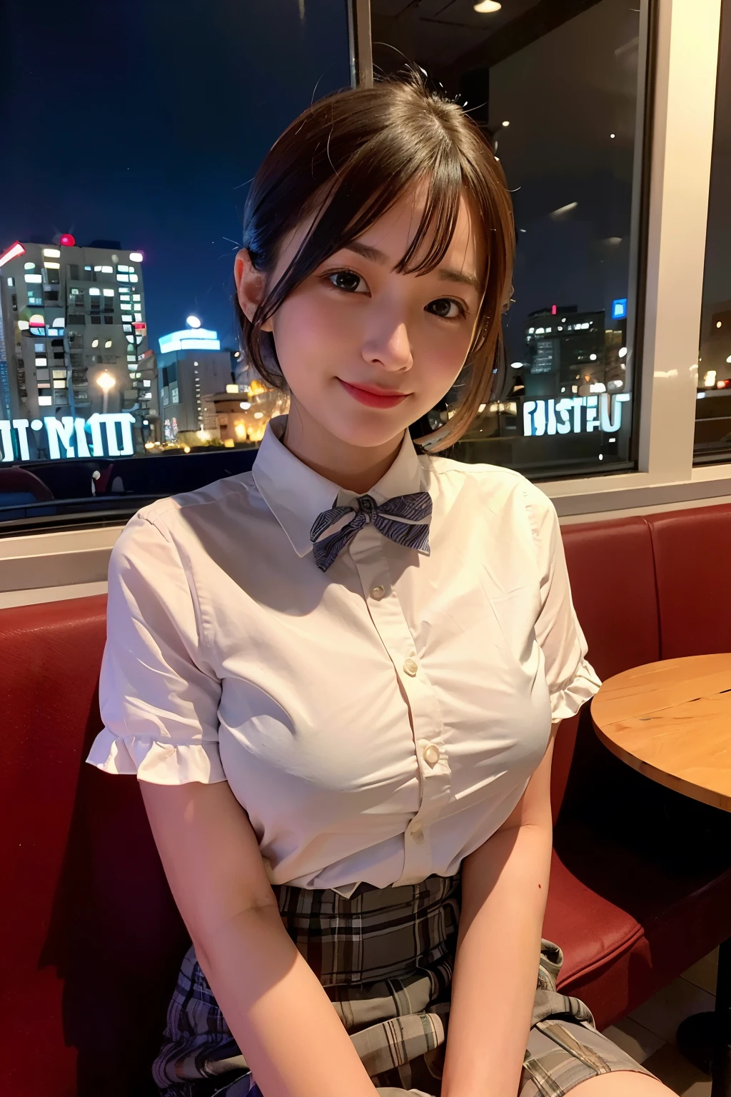(8k, RAW photo, highest quality, masterpiece:1.2), (realistic, photo-realistic:1.37), super detailed, 1 girl,cute, alone,beautiful and detailed sky,Detailed cafe,night,sitting,date,(blush your nose),(light smile:1.1), medium breasts,detailed and beautiful eyes,(collared shirt:1.1), bow tie,pleated skirt,(short hair:1.2),floating hair