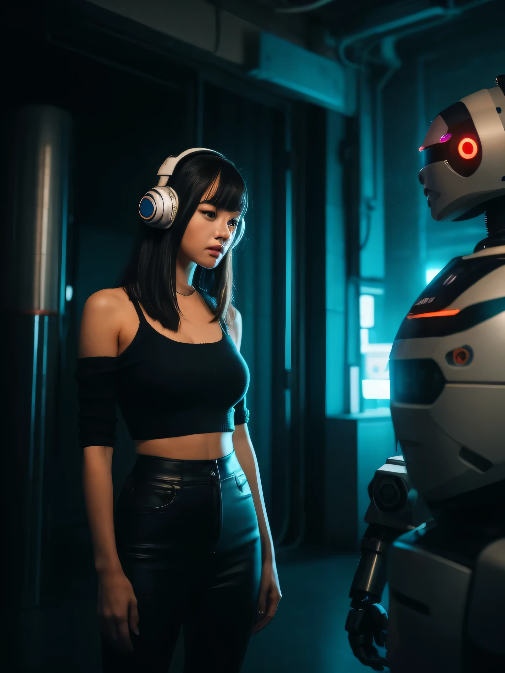 a woman with headphones standing next to a robot, cyberpunk art by Jason A. Engle, cgsociety, retrofuturism, ilya kuvshinov, sci-fi, futuristic, vibrant, photorealistic, realistic, dramatic, cinematic lighting, sharp focus, 8k