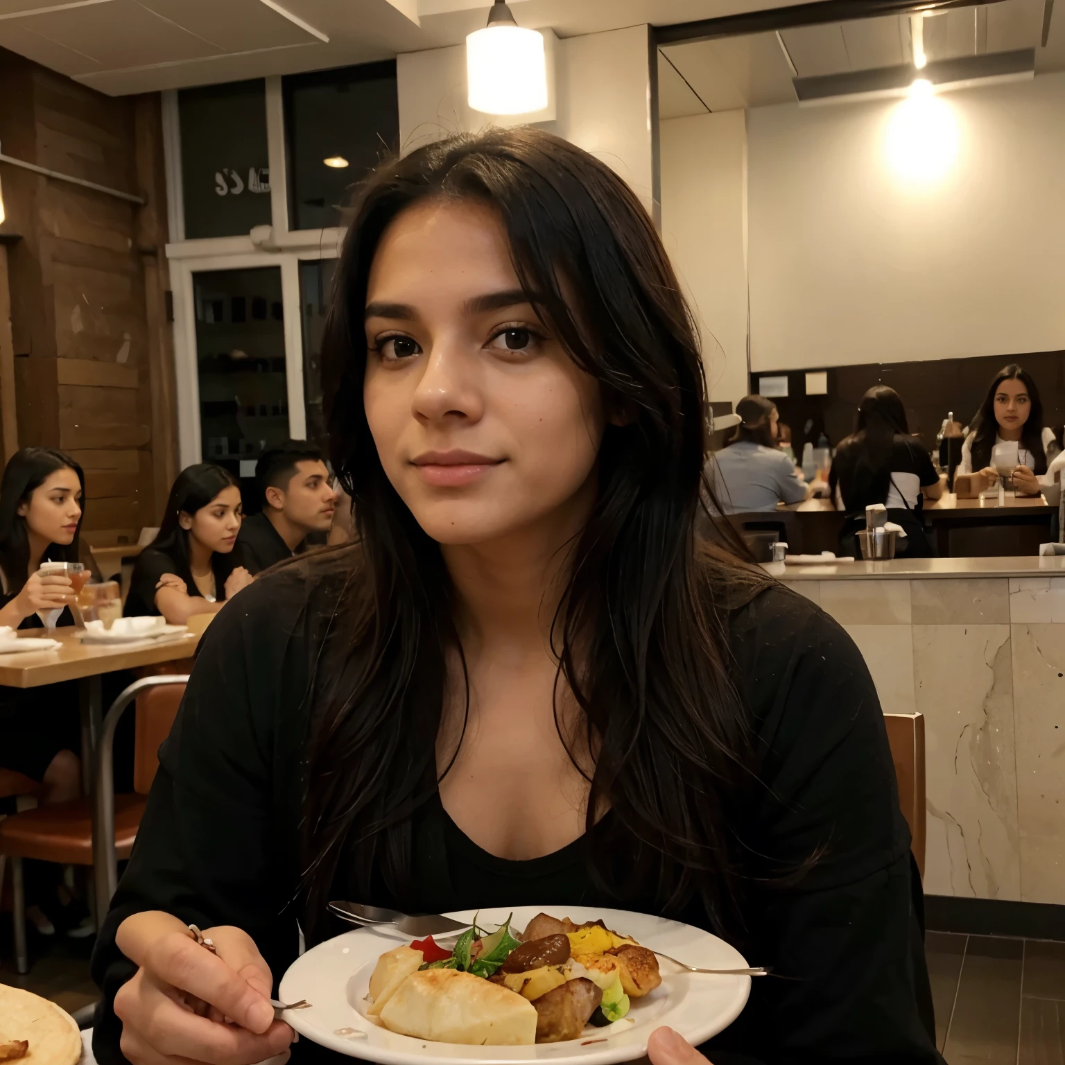 Muje joven de 23 cabello negro comiendo en un restaurante