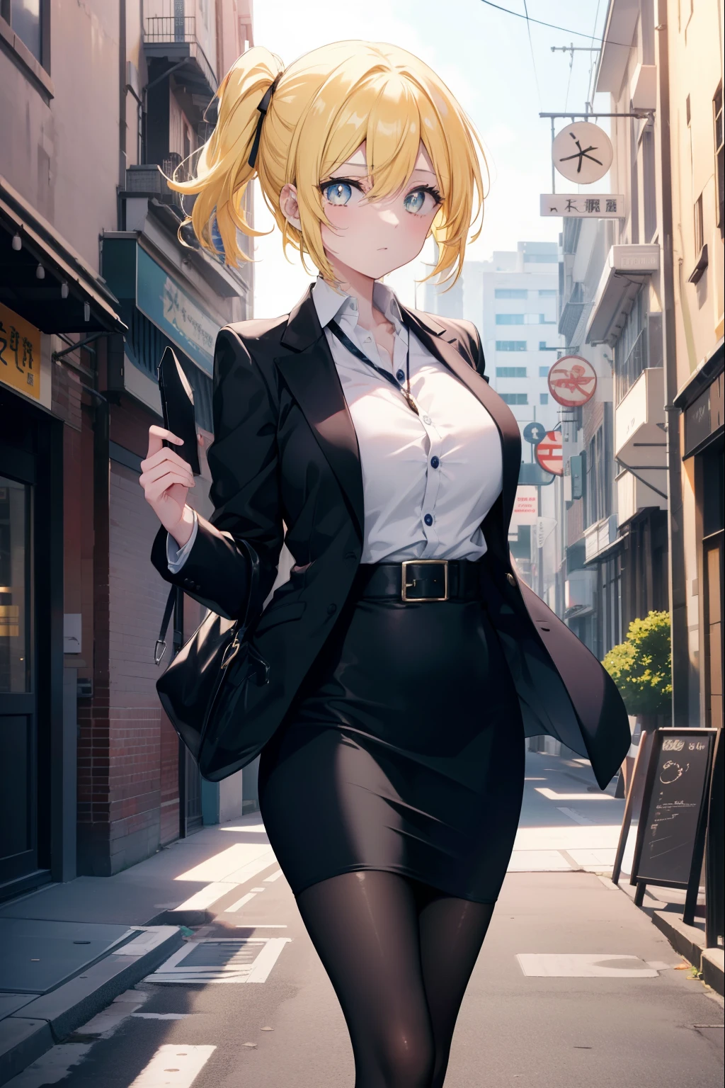 Area Yase, catalyst, yellow hair, blue eyes, big breasts , OL, end, black suit jacket, collared jacket, white dress shirt, collared shirt, neckline, button, strap, ID card on neck, black pencil skirt, black pantyhose, stiletto heels,In town,building street,morning,morning日,太陽の光
break looking at viewer,
break outdoors,  In town,building street,
break (masterpiece:1.2), highest quality, High resolution, unity 8k wallpaper, (figure:0.8), (detailed and beautiful eyes:1.6), highly detailed face, perfect lighting, Very detailed CG, (perfect hands, perfect anatomy),