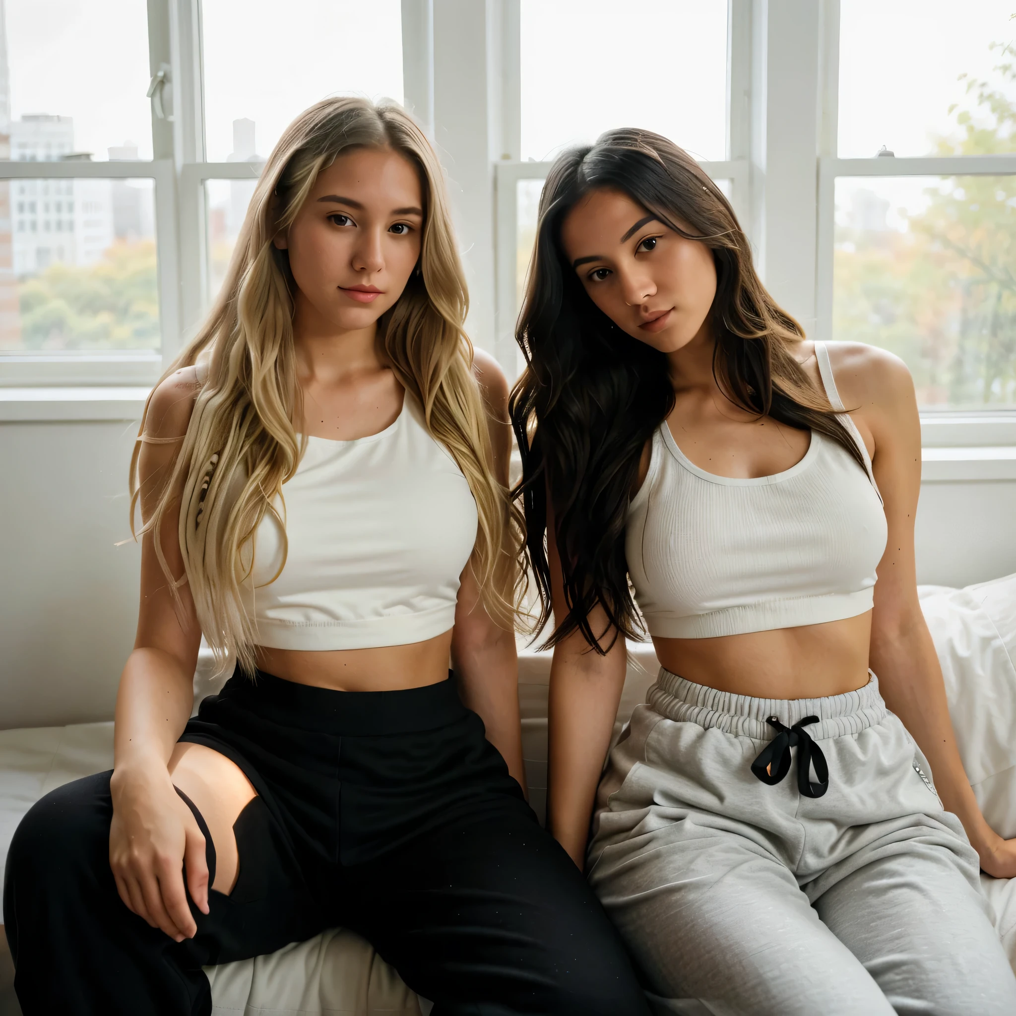 photo of 2 young women, one is caucasian white American girl 25yo with wearing sweatpants and tank top , fully covered, long curly balayage hair (light blond hair with black roots) cascading down her shoulders sittingnext to a different young beautiful Asian girl 22yo with large breasts and large ass straight long black hair wearing legings and a tank top  fully covered sitting at home reading, looking at camera, dressed in comfy home baggy sweatpants and short top digital photography shot on Canon DSLR cinematic interesting instagram photoshoot, instagram models high fashion, hip , trendy ,in modern house, in new york, with big windows and tons of natural light