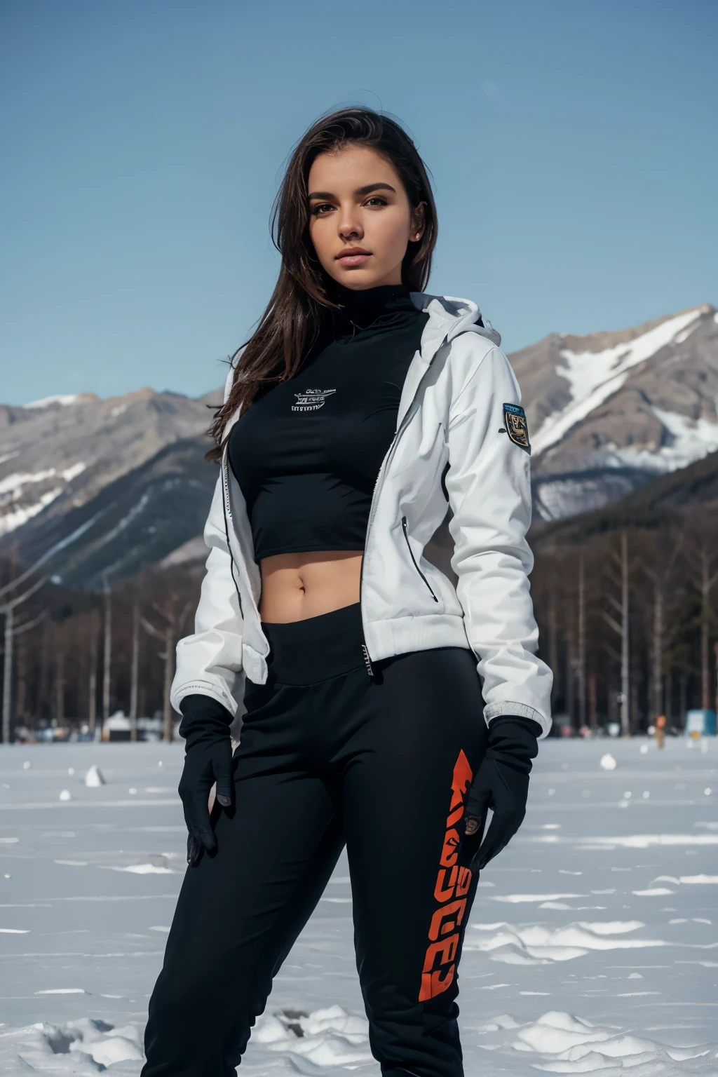 fotografia de uma garota, esquiar montanha abaixo, winter wonderland, jaqueta inchada, spandex pants, Rosto altamente detalhado, alta qualidade, master part, absurdos, do lado,