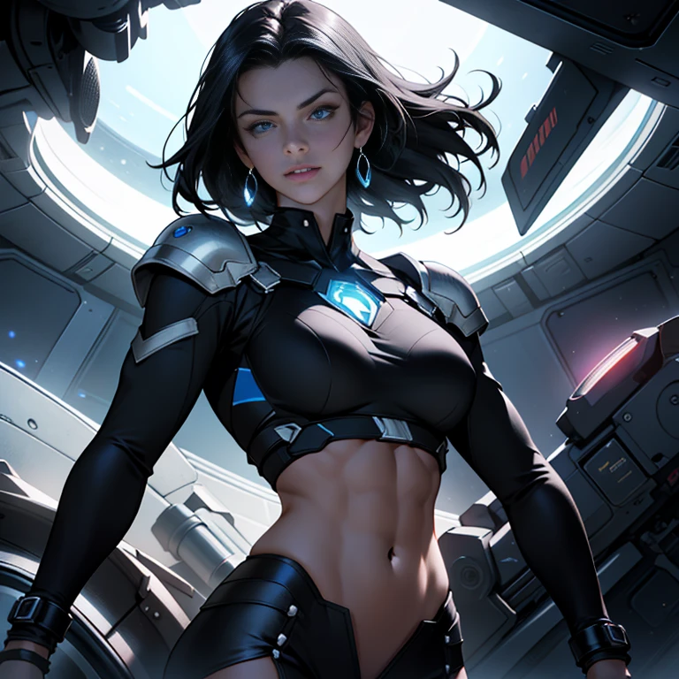 Cinematic Still of a Sexy Superheroine, with black hair and glowing blue eyes, wearing a fitted black outfit, accented by silver shoulder pads and bracelets that reveal her toned abs and midriff. The symbol of Z proudly adorns her chest. This masterpiece, captured in the style of realism, boasts a gleaming, almost ethereal, skin texture. Her defined full lips and muscular, feminine body are showcased in their full glory, as she assumes a robust stance, suspended in the vast expanse of space. The scene is illuminated with natural lighting, highlighting the allure of cartooncore and mangacore influences.