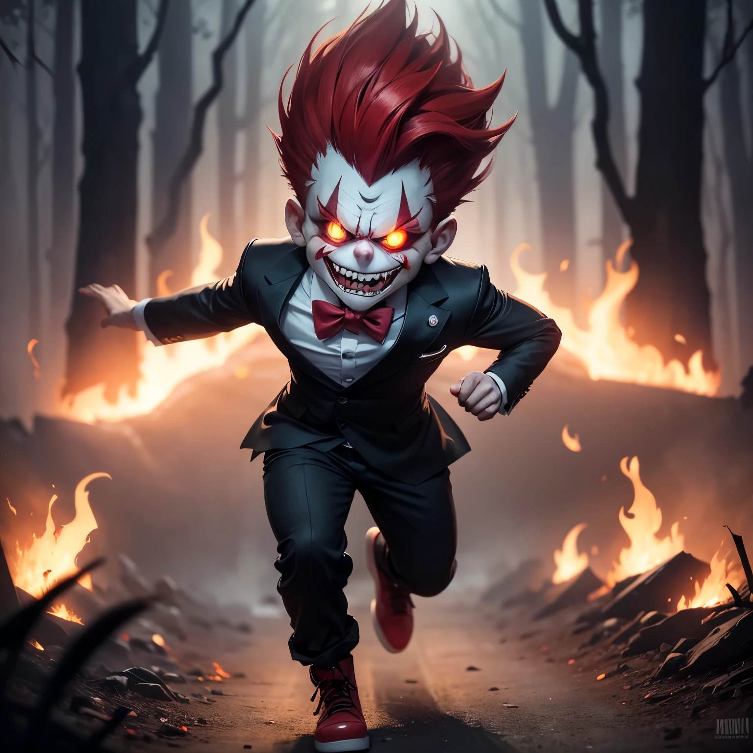 Cartoonz presents a chibi-styled, scary clown. Its oversized shoes and red bowtie contrast sharply with its menacing grin and glowing yellow eyes. The clown's detailed, creepy smile is accentuated by the way it's running, leaving a blurred trail behind. The background is that of a dark, ominous forest, adding to the overall eerie atmosphere.