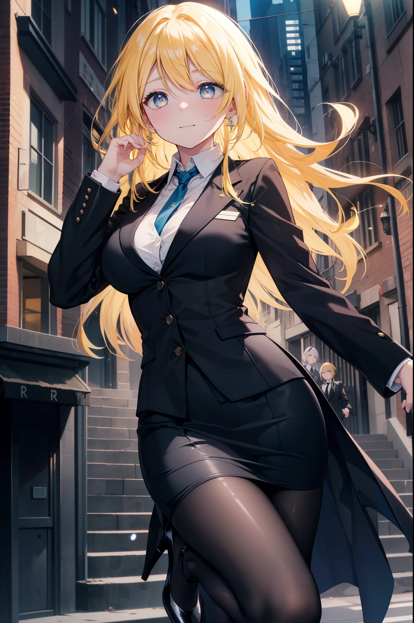 Area Yase, catalyst, yellow hair,long hair, blue eyes,smile, big breasts , OL, end, black suit jacket, collared jacket, white dress shirt, collared shirt, neckline, button, strap, ID card on neck, black pencil skirt, black pantyhose, stiletto heels,In town,building street,morning,morning日,太陽の光
break looking at viewer,
break outdoors, In town,building street,
break (masterpiece:1.2), highest quality, High resolution, unity 8k wallpaper, (figure:0.8), (detailed and beautiful eyes:1.6), highly detailed face, perfect lighting, Very detailed CG, (perfect hands, perfect anatomy),