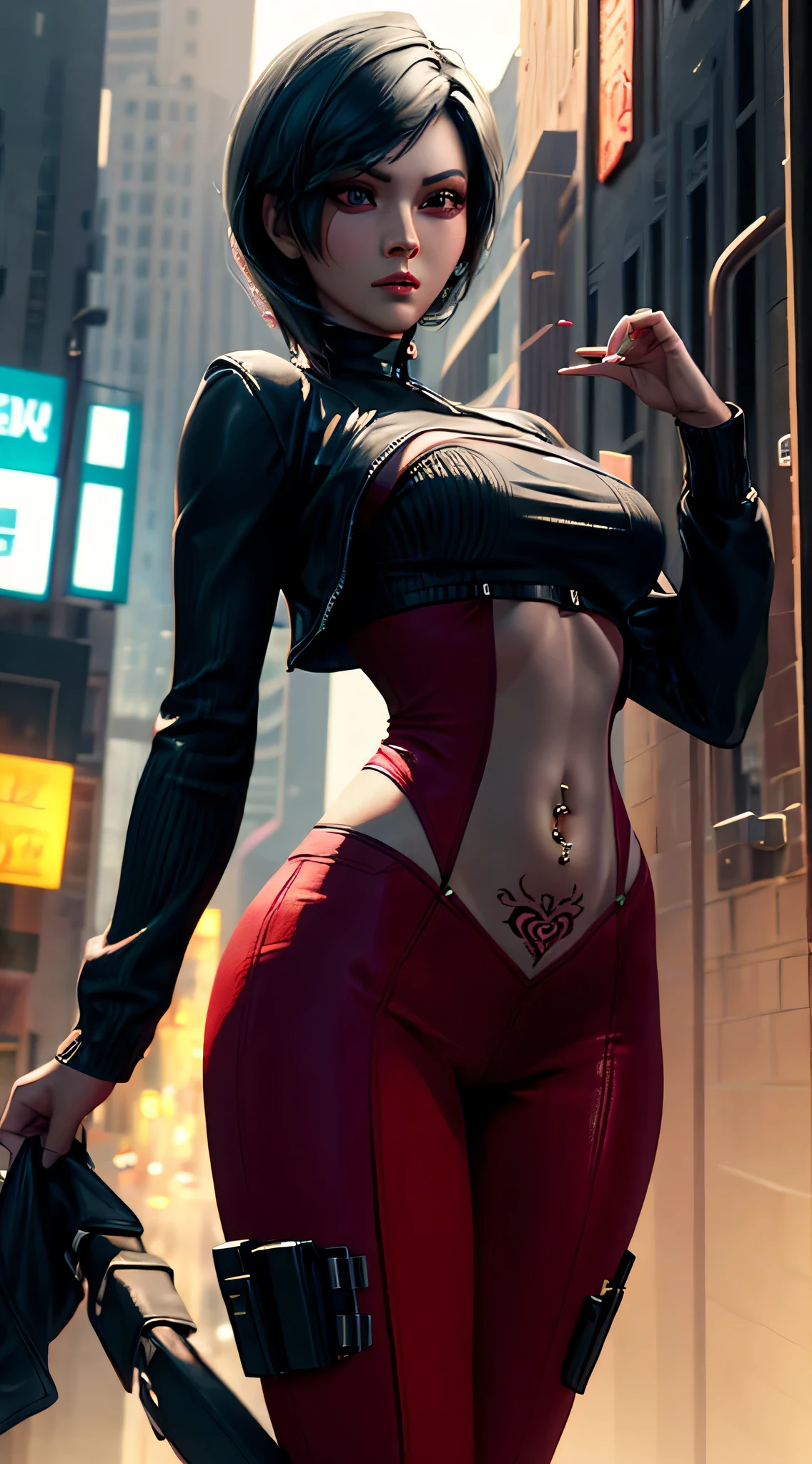 Ada Wong wearing skin tight bodysuit, detailed masterpiece, realistic, dressed in cyber maid, sultry body with sexy belly, seductive modern dark city, seductive, stylish girl, glamorous, detailed navel piercing, heart womb tattoo, high res, good lighting, oversized jacket, choker