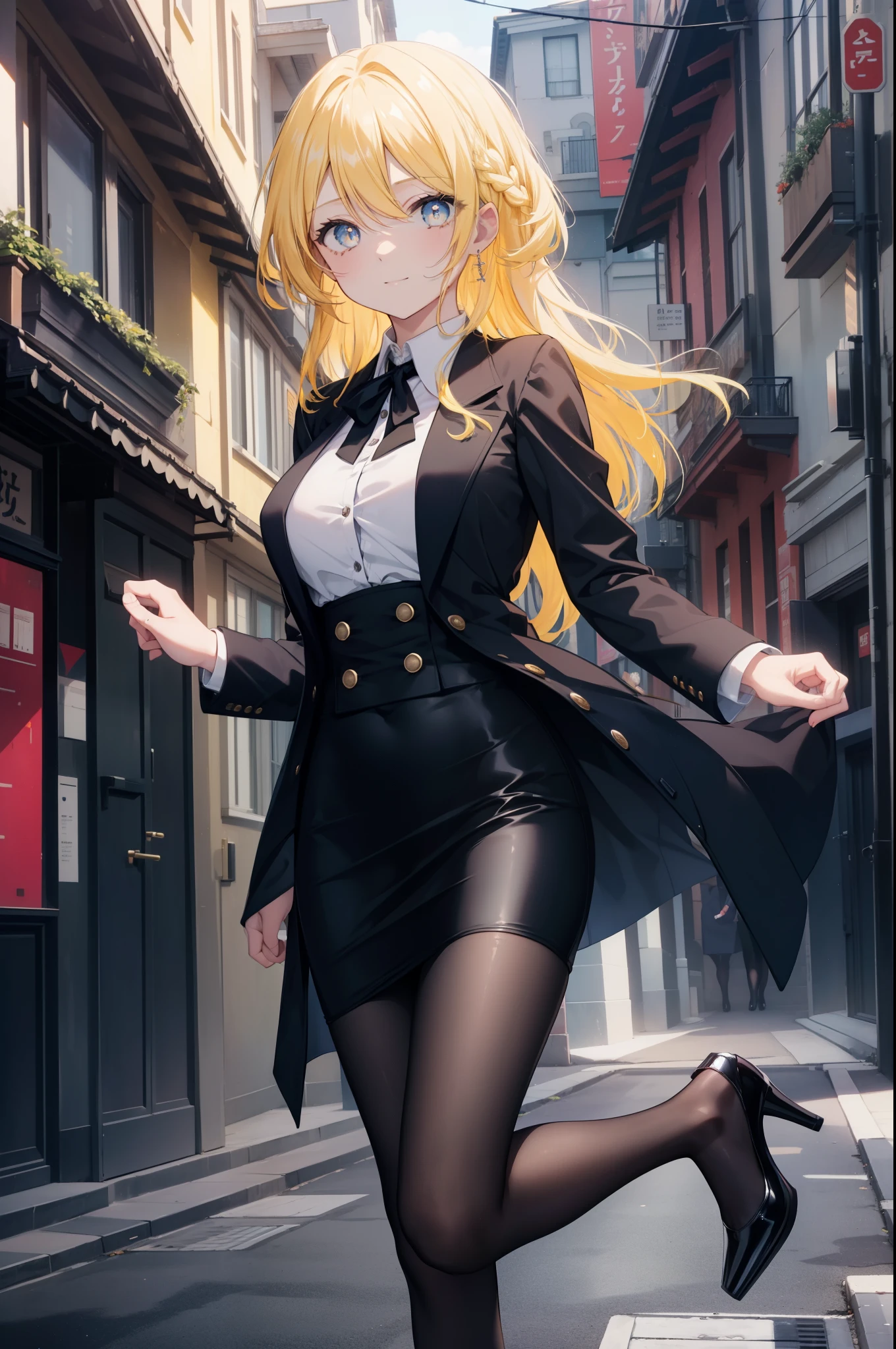 Area Yase, catalyst, yellow hair,long hair, blue eyes,smile, big breasts , OL, end, black suit jacket, collared jacket　There is an open front, white dress shirt, collared shirt, neckline, button, strap, ID card on neck, black pencil skirt, black pantyhose, stiletto heels,In town,building street,morning,morning日,太陽の光
break looking at viewer,
break outdoors,  In town,building street,
break (masterpiece:1.2), highest quality, High resolution, unity 8k wallpaper, (figure:0.8), (detailed and beautiful eyes:1.6), highly detailed face, perfect lighting, Very detailed CG, (perfect hands, perfect anatomy),