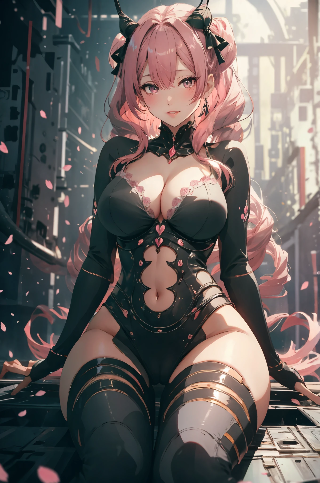 make her jucier, lay her down, make her more sexy, (best quality,ultra-detailed,highres:1.2),cute waifu with big breasts,girly face,sparkling anime eyes,long hair cascading down,plump and vibrant red lips,fair and flawless skin,delicate pink blush,adorable pink bows in hair,lovely pink summer dress fitting her curves perfectly,nice hourglass figure and ample bosom,playful and confident posture,soft pastel color tones for a dreamy atmosphere,subtle and gentle lighting enhancing her beauty,anime-style artwork,meticulous attention to detail,exquisite rendering of hair strands and fabric folds,thin outline to achieve a clean and seamless look,vibrant and glossy colors,pink cherry blossoms falling gently in the background,ensuring a lovely and romantic setting, make her lay down sideways