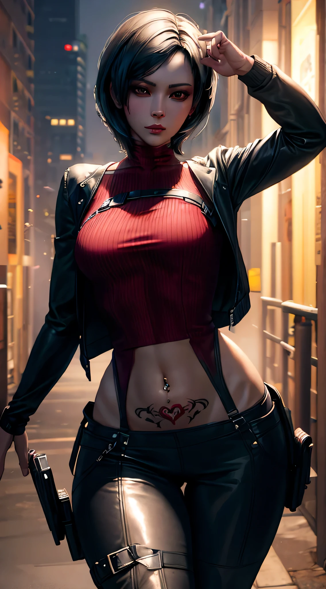 Ada Wong wearing skin tight bodysuit, detailed masterpiece, realistic, dressed in cyber maid, sultry body with sexy belly, seductive modern dark city, seductive, stylish girl, glamorous, detailed navel piercing, heart womb tattoo, high res, good lighting, oversized jacket, choker