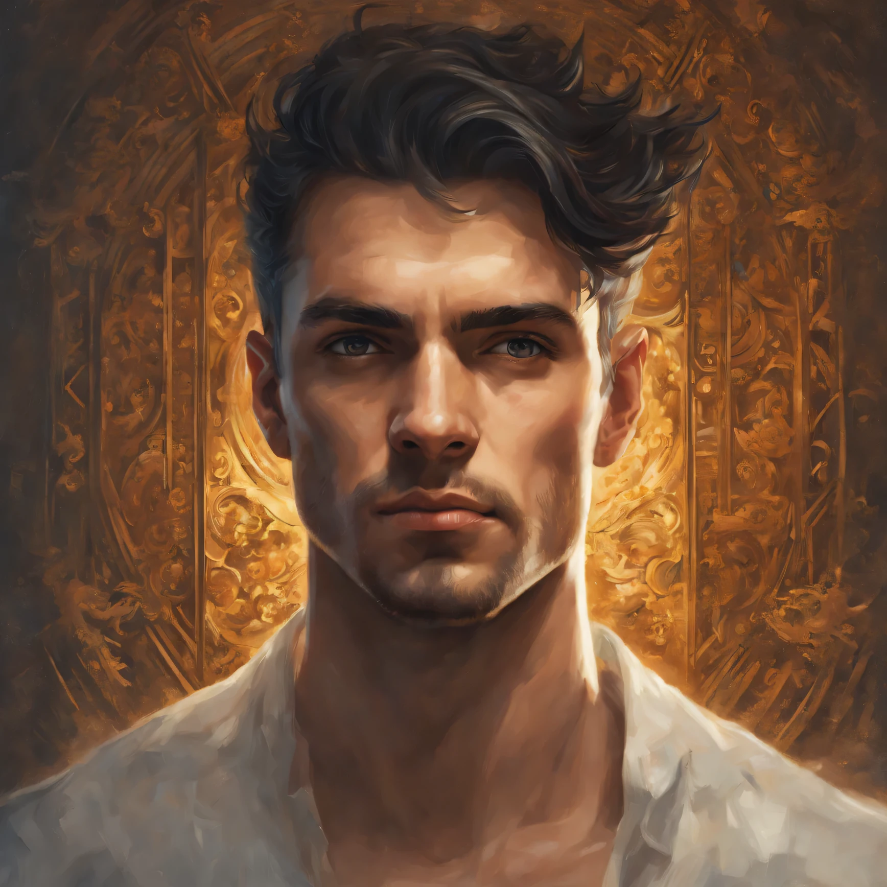 This portrait of the knight of the rams is depicted in a prominent half-body position, showing intricate designs, beautiful silver armor, and luxurious silk fabrics. This 4K masterpiece is enhanced with cinematic lighting --auto --s2