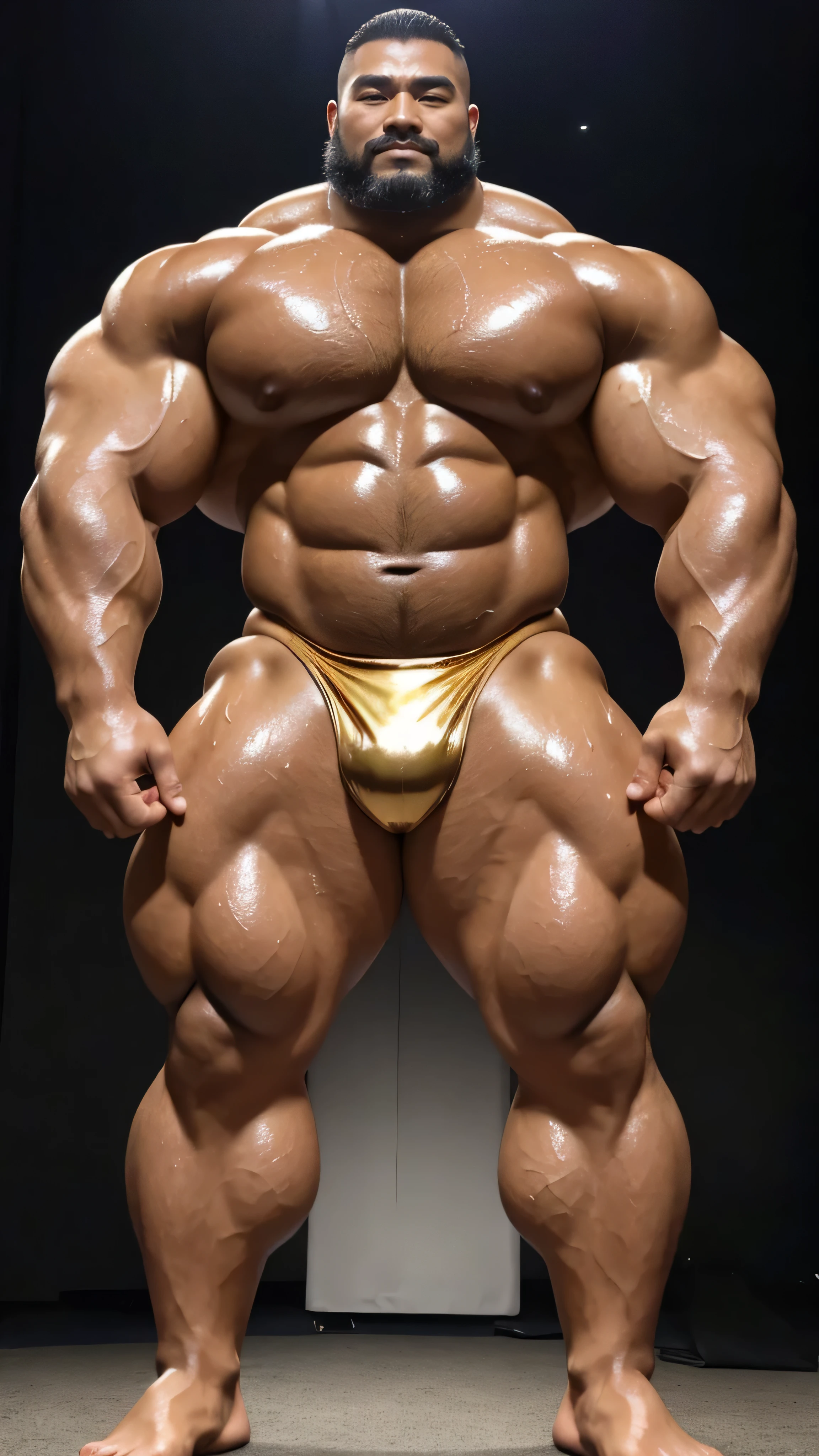 一位中国bodybuilding运动员,30 years old,High, bodybuilding,short hair, O-shaped beard,Perfect body, Dark and shiny complexion,Muscle bulge, muscular, Very big pecs,Very sexy abs,Leg muscles are very developed,Tall and handsome,Huge bumpy area,Brighten oily skin,Wearing a gold leather shiny thong,handsome face,Detailed facial features, Correct and accurate male anatomy, full-body shot, Large pecs, Wet oil wax gloss for oily muscles and skin,Hold magic weapon and cast magic,A magical light appears all around。