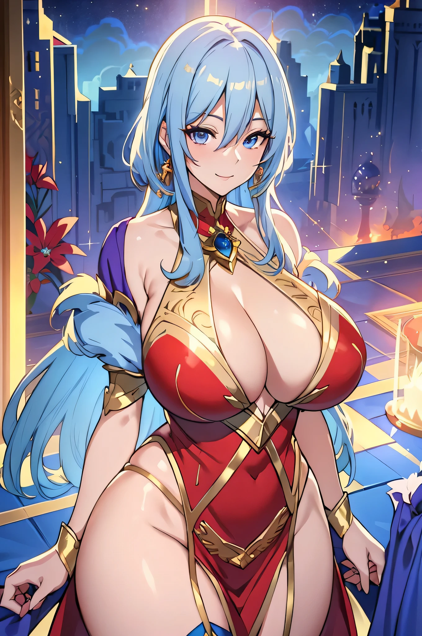 Lian, light blue hair, hair stick,bangs,blue eyes, solo, smiling, standing, upper body, hips, bare shoulders,purple thighhighs,red dress, gold jewelry,armor,gloves,circlet, cleavage, red and gold royal castle, gigantic breasts, (best quality, masterpiece, beautiful and aesthetic:1.2, highest detailed face, perfect face,) eyes, perfect face,expressive eyes,
looking at viewer, in the center of the image,(Upper_body),(Focus on her face),
official art,extremely detailed CG unity 8k wallpaper, perfect lighting,Colorful, Bright_Front_face_Lighting,shiny skin,
(masterpiece:1.0),(best_quality:1.0), ultra high res,4K,ultra-detailed