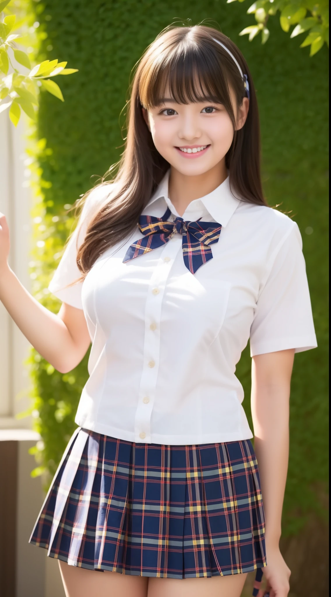 masterpiece,big oppai, school uniform,white shirt, plaid short skirt, yellow ribbon、************、cute smile、big breasts、