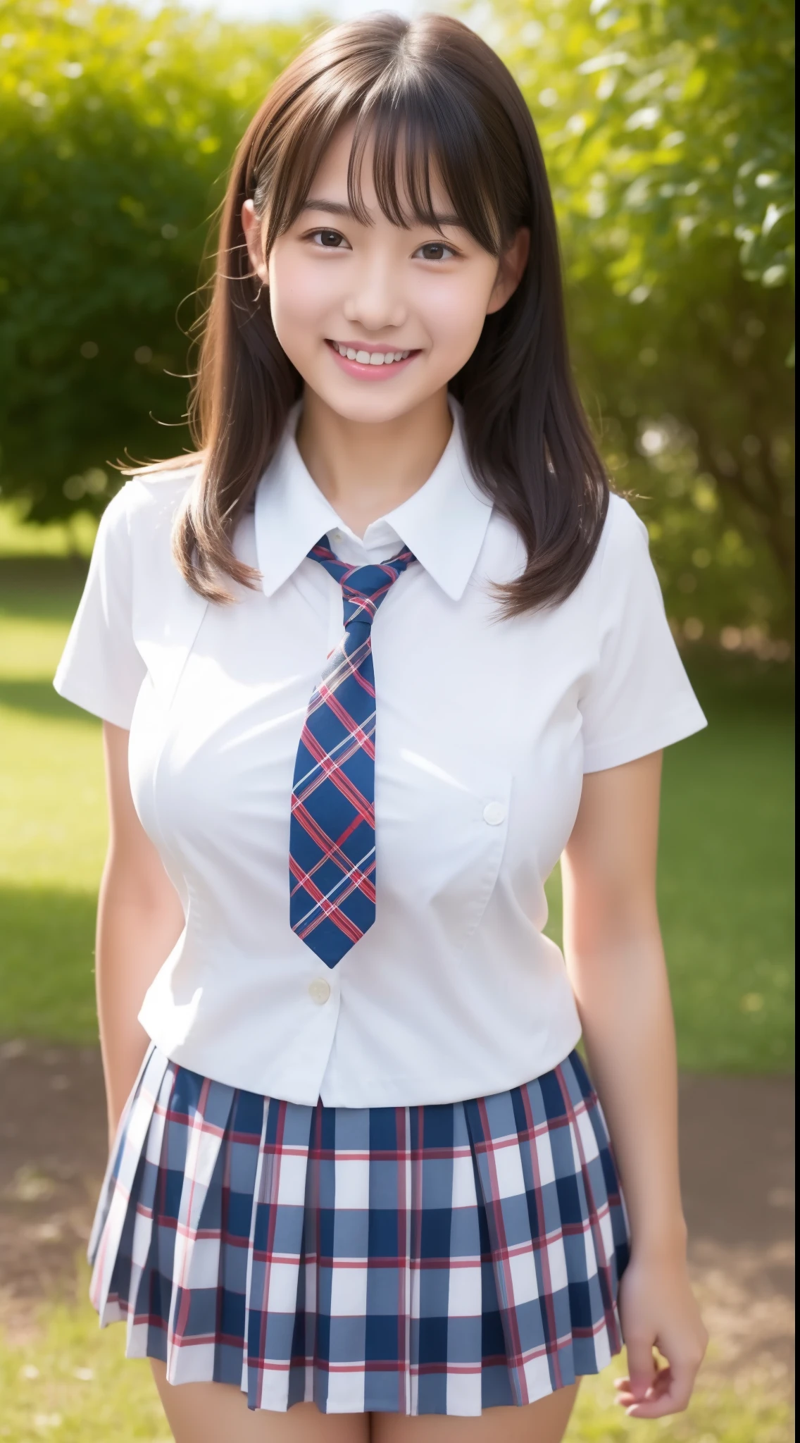 masterpiece,big oppai, school uniform,white shirt, plaid short skirt, yellow ribbon、************、cute smile、big breasts、