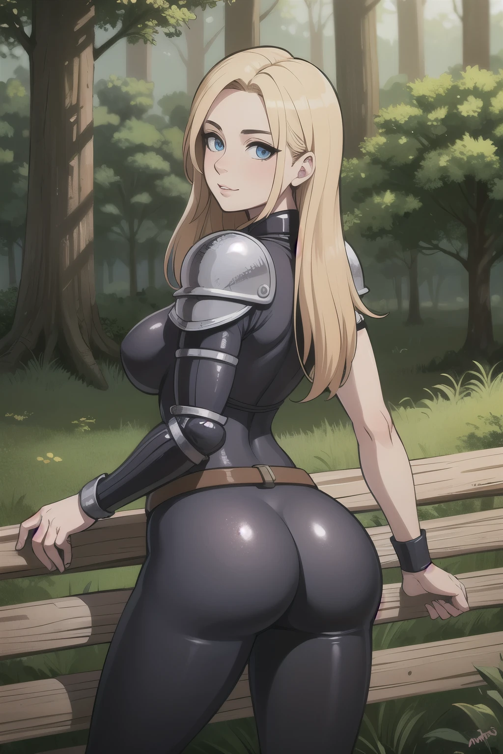 ((Best quality)), ((Masterpiece)), (detailed), perfect face perfect figure, female knight, Middle Ages, woman in knight's armor and leather clothes, blonde with blue eyes, One woman, juicy ass, In the forest, forest background
