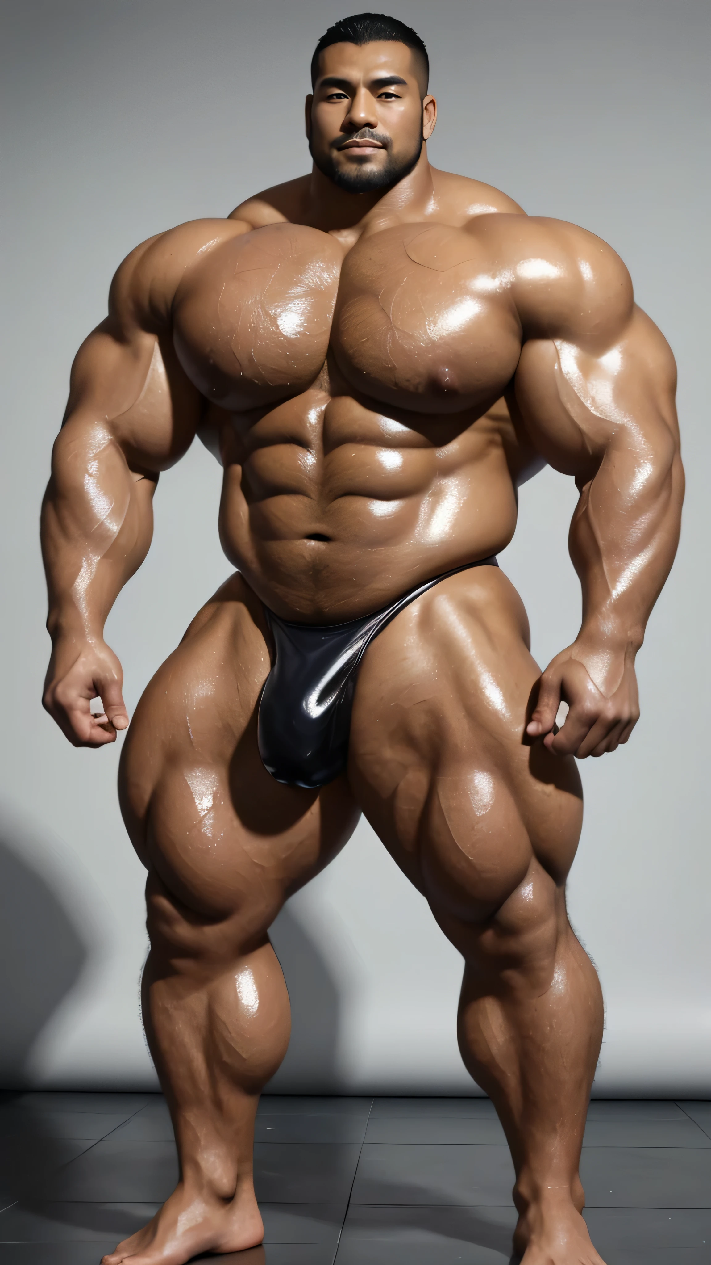 一位中国bodybuilding运动员,30 years old,High, bodybuilding,short hair, O-shaped beard,Perfect body, Dark and shiny complexion,Muscle bulge, muscular, Very big pecs,Very sexy abs,Leg muscles are very developed,Tall and handsome,Huge bumpy area,Brighten oily skin,Wearing a gold leather shiny thong,handsome face,Detailed facial features, Correct and accurate male anatomy, full-body shot, Large pecs, Wet oil wax gloss for oily muscles and skin,standing in front of gray background board。