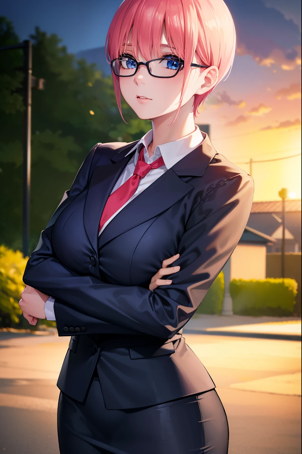 ichikanakano, ichika nakano, short hair, bangs, blue eyes, hair between eyes, pink hair, big breasts , OL, red glasses, end, black suit jacket with open front, white dress shirt, collared shirt, neckline, button, strap,morning日,morning, black pencil skirt, black pantyhose, stiletto heels,
break looking at viewer, whole body, Upper body,
break outdoors, School school gate,
break (masterpiece:1.2), highest quality, High resolution, unity 8k wallpaper, (figure:0.8), (detailed and beautiful eyes:1.6), highly detailed face, perfect lighting, Very detailed CG, (perfect hands, perfect anatomy),