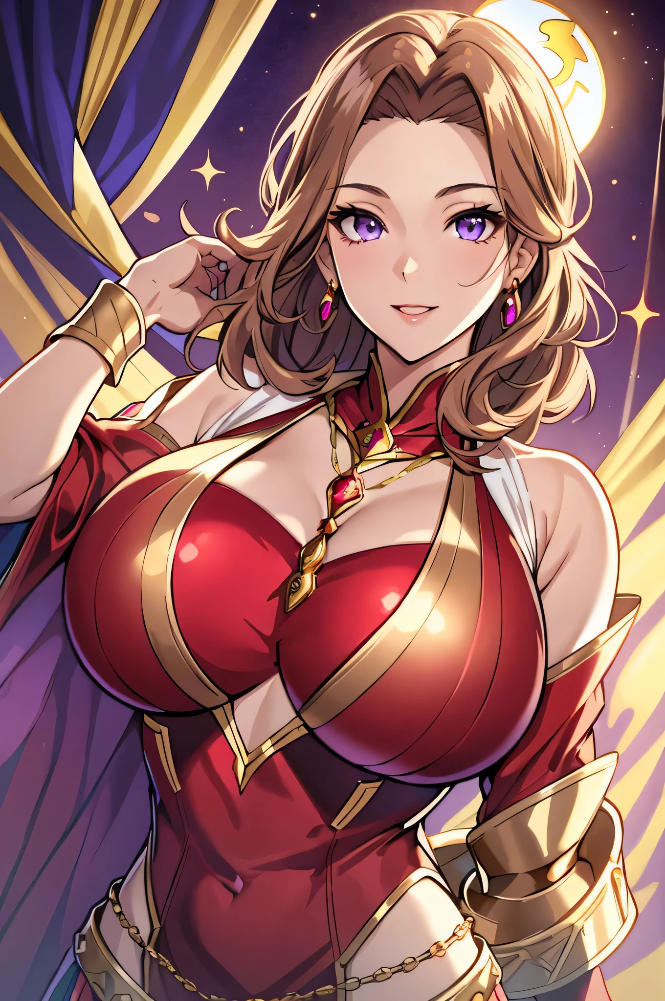 Lian, light brown hair, hair stick,bangs,violet eyes, solo, smiling, standing, upper body, hips, bare shoulders,purple thighhighs,red dress, gold jewelry,armor,gloves,circlet, cleavage, red and gold royal castle, gigantic breasts, (best quality, masterpiece, beautiful and aesthetic:1.2, highest detailed face, perfect face,) eyes, perfect face,expressive eyes,
looking at viewer, in the center of the image,(Upper_body),(Focus on her face),
official art,extremely detailed CG unity 8k wallpaper, perfect lighting,Colorful, Bright_Front_face_Lighting,shiny skin,
(masterpiece:1.0),(best_quality:1.0), ultra high res,4K,ultra-detailed