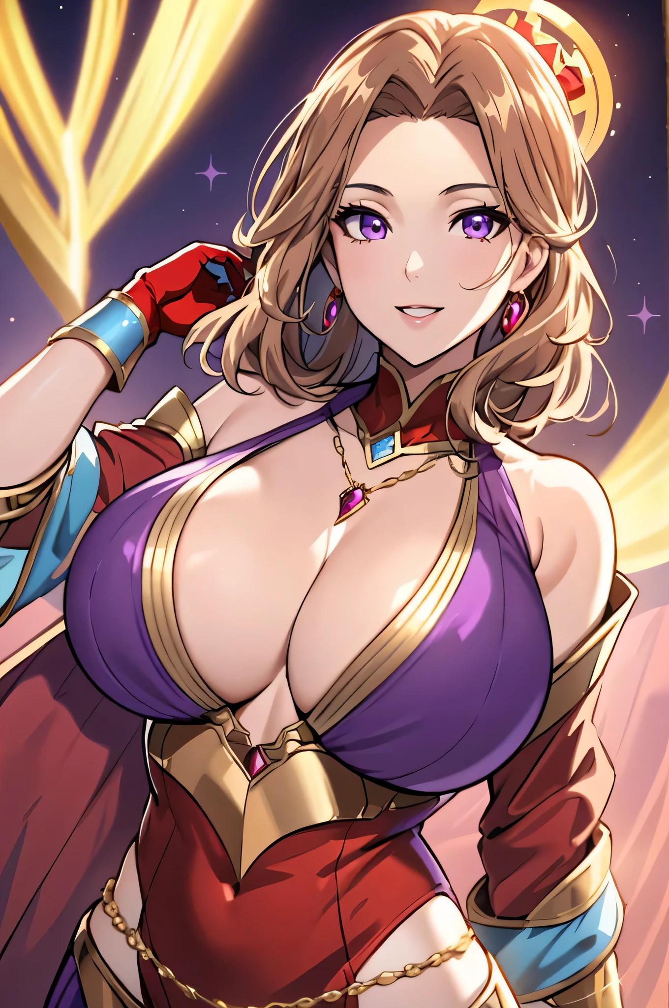 Lian, light brown hair, hair stick,bangs,violet eyes, solo, smiling, standing, upper body, hips, bare shoulders,purple thighhighs,red dress, gold jewelry,armor,gloves,circlet, cleavage, red and gold royal castle, gigantic breasts, (best quality, masterpiece, beautiful and aesthetic:1.2, highest detailed face, perfect face,) eyes, perfect face,expressive eyes,
looking at viewer, in the center of the image,(Upper_body),(Focus on her face),
official art,extremely detailed CG unity 8k wallpaper, perfect lighting,Colorful, Bright_Front_face_Lighting,shiny skin,
(masterpiece:1.0),(best_quality:1.0), ultra high res,4K,ultra-detailed