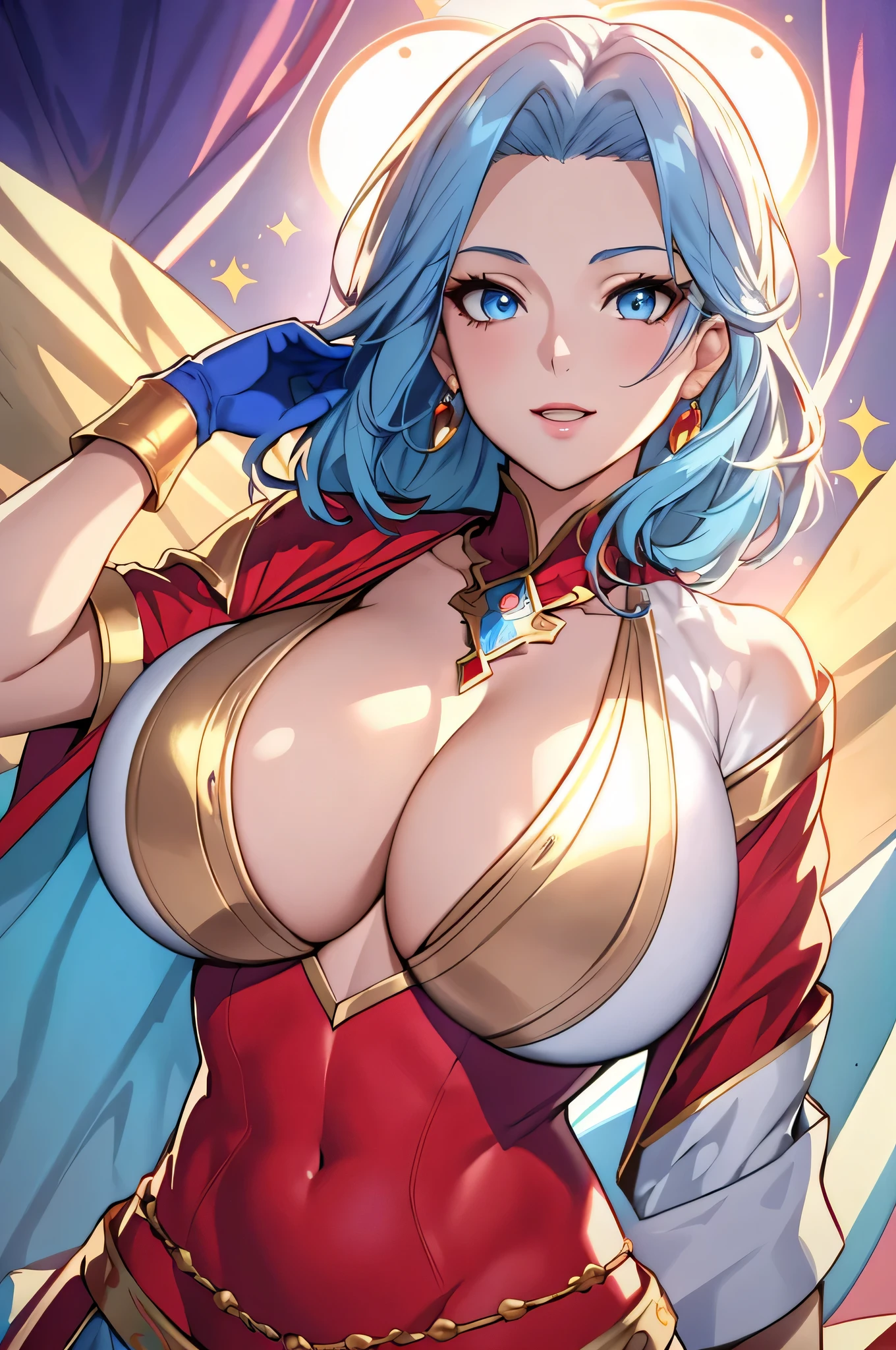 Lian, light blue hair, hair stick,bangs,blue eyes, solo, smiling, standing, upper body, hips, bare shoulders,purple thighhighs,red dress, gold jewelry,armor,gloves,circlet, cleavage, red and gold royal castle, gigantic breasts, (best quality, masterpiece, beautiful and aesthetic:1.2, highest detailed face, perfect face,) eyes, perfect face,expressive eyes,
looking at viewer, in the center of the image,(Upper_body),(Focus on her face),
official art,extremely detailed CG unity 8k wallpaper, perfect lighting,Colorful, Bright_Front_face_Lighting,shiny skin,
(masterpiece:1.0),(best_quality:1.0), ultra high res,4K,ultra-detailed