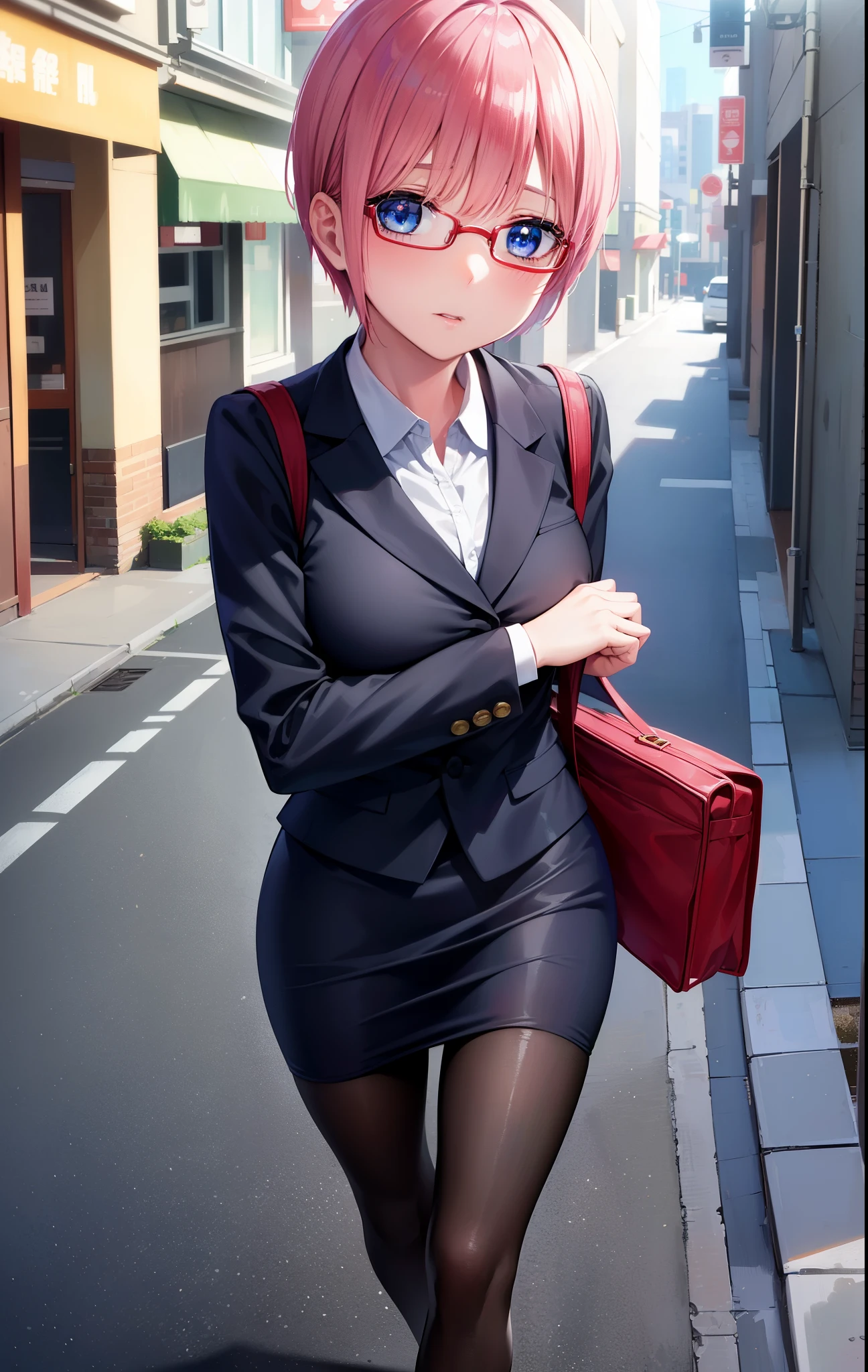ichikanakano, ichika nakano, short hair, bangs, blue eyes, hair between eyes, pink hair, big breasts , OL, red glasses, end, black suit jacket with open front, white dress shirt, collared shirt, neckline, button, strap,morning日,morning, black pencil skirt, black pantyhose, stiletto heels,
break looking at viewer, whole body,
break outdoors, School school gate,
break (masterpiece:1.2), highest quality, High resolution, unity 8k wallpaper, (figure:0.8), (detailed and beautiful eyes:1.6), highly detailed face, perfect lighting, Very detailed CG, (perfect hands, perfect anatomy),