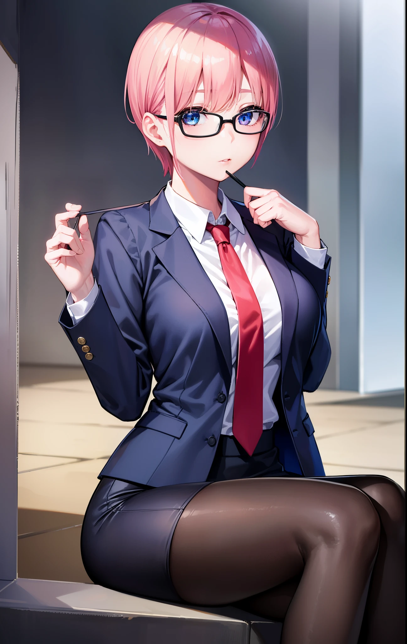 ichikanakano, ichika nakano, short hair, bangs, blue eyes, hair between eyes, pink hair, big breasts , OL, red glasses, end, black suit jacket with open front, white dress shirt, collared shirt, neckline, button, strap,morning日,morning, black pencil skirt, black pantyhose, stiletto heels,
break looking at viewer, whole body,
break outdoors, School school gate,
break (masterpiece:1.2), highest quality, High resolution, unity 8k wallpaper, (figure:0.8), (detailed and beautiful eyes:1.6), highly detailed face, perfect lighting, Very detailed CG, (perfect hands, perfect anatomy),