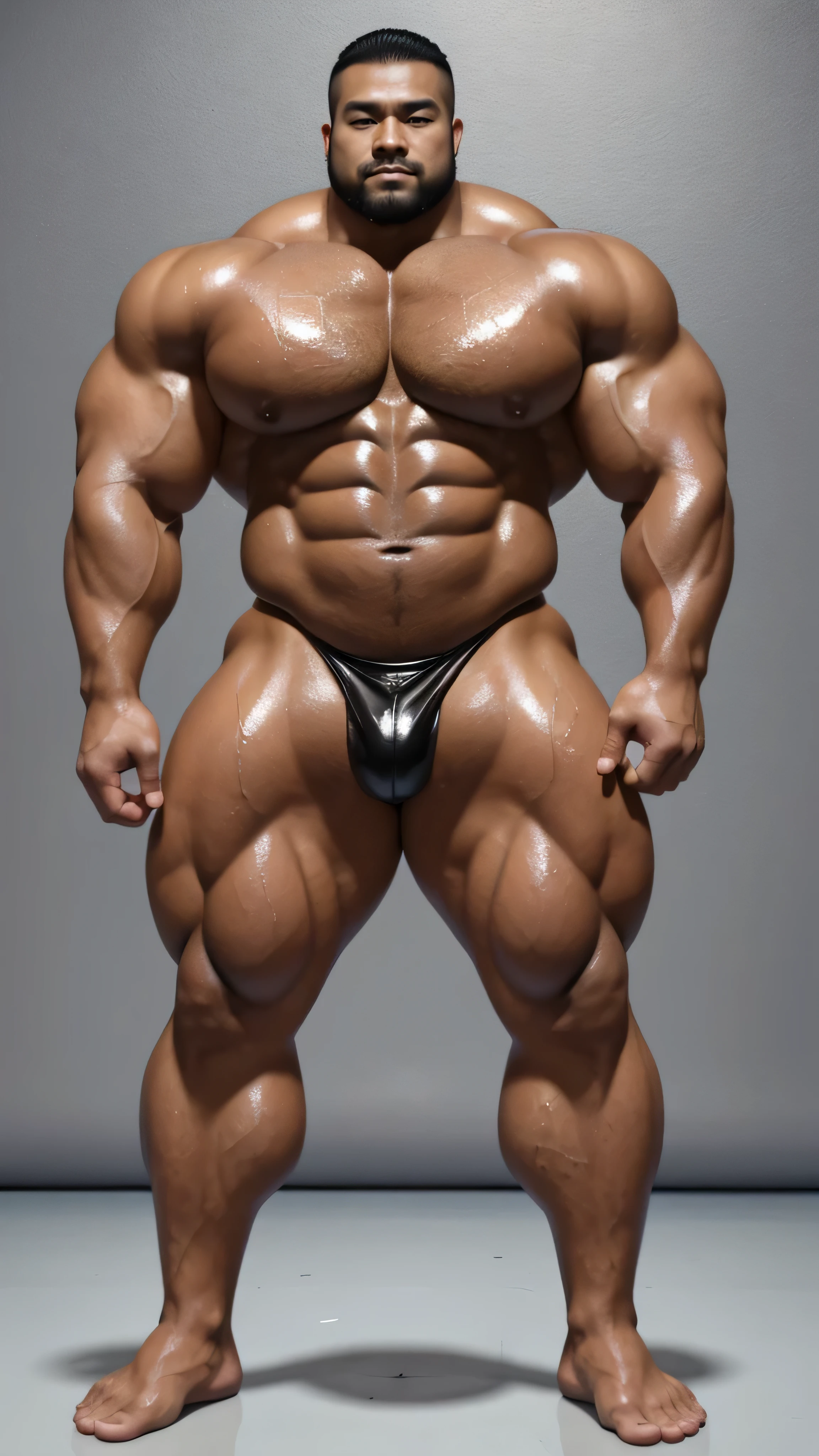 一位中国bodybuilding运动员，30 years old，High, bodybuilding，short hair, O-shaped beard，Perfect body, Dark and shiny complexion，Muscle bulge, muscular, Very big pecs，Very sexy abs，Leg muscles are very developed，Tall and handsome，Huge bumpy area，Brighten oily skin，Wearing a gold leather shiny thong,handsome face，Detailed facial features, Correct and accurate male anatomy, full-body shot, Large pecs, Wet oil wax gloss for oily muscles and skin，standing in front of gray background board。