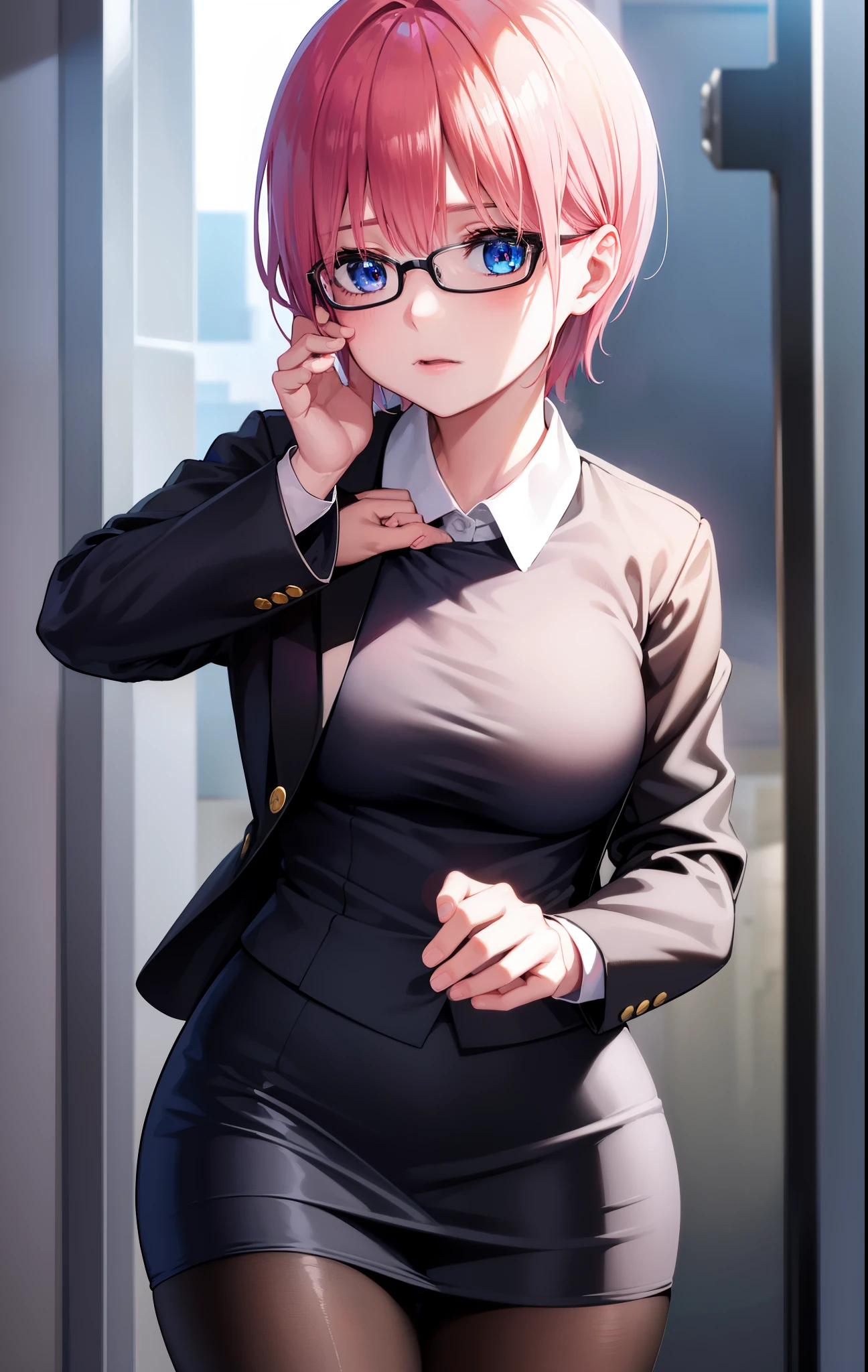 ichikanakano, ichika nakano, short hair, bangs, blue eyes, hair between eyes, pink hair, big breasts , OL, red glasses, end, black suit jacket with open front, white dress shirt, collared shirt, neckline, button, strap,morning日,morning, black pencil skirt, black pantyhose, stiletto heels,
break looking at viewer, whole body, 
break outdoors, School　school gate,
break (masterpiece:1.2), highest quality, High resolution, unity 8k wallpaper, (figure:0.8), (detailed and beautiful eyes:1.6), highly detailed face, perfect lighting, Very detailed CG, (perfect hands, perfect anatomy),