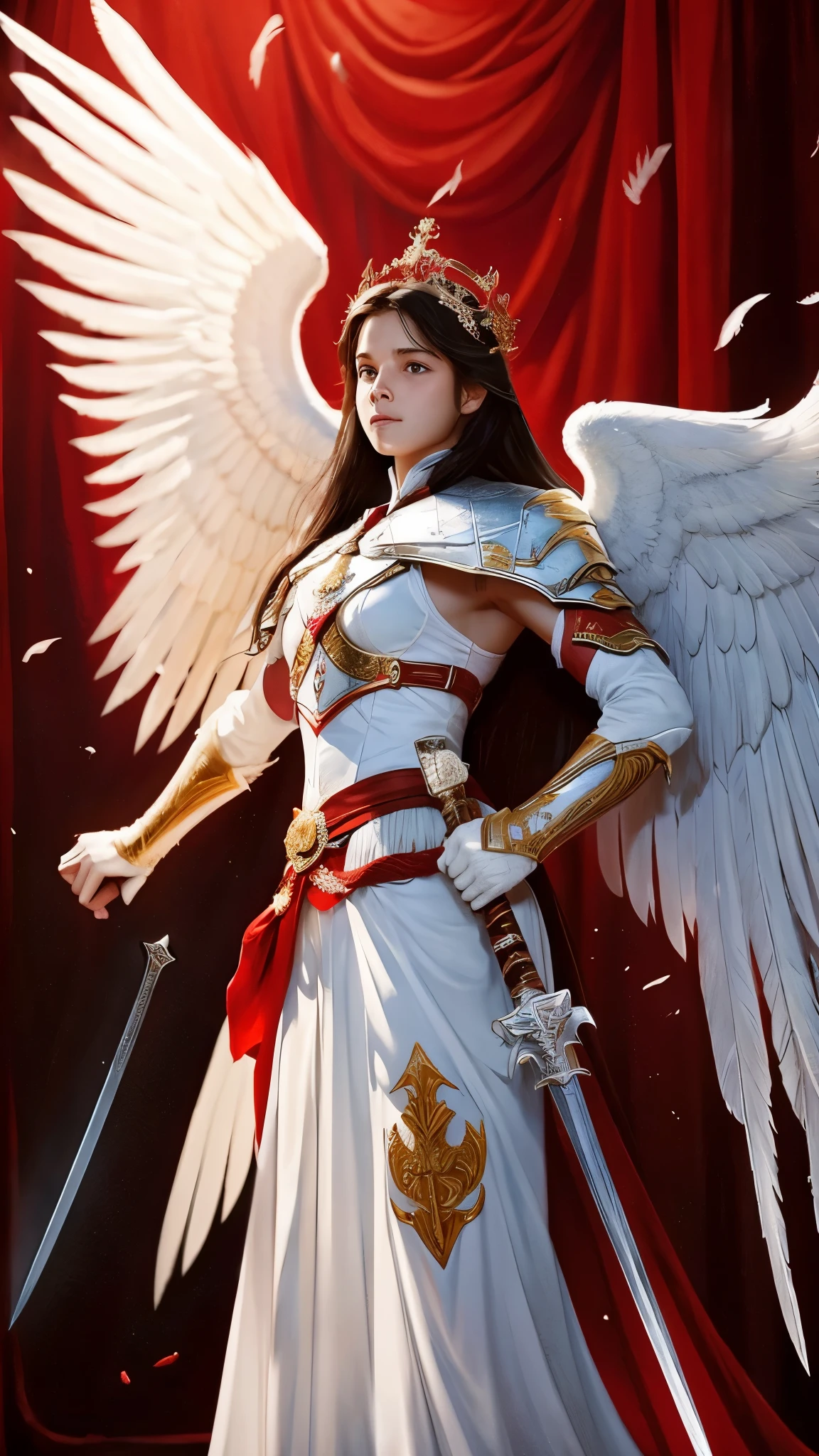 An angel standing holding a sword in his right hand and a shield in his left hand legs apart wings large white feathers a large red cape flying in the wind