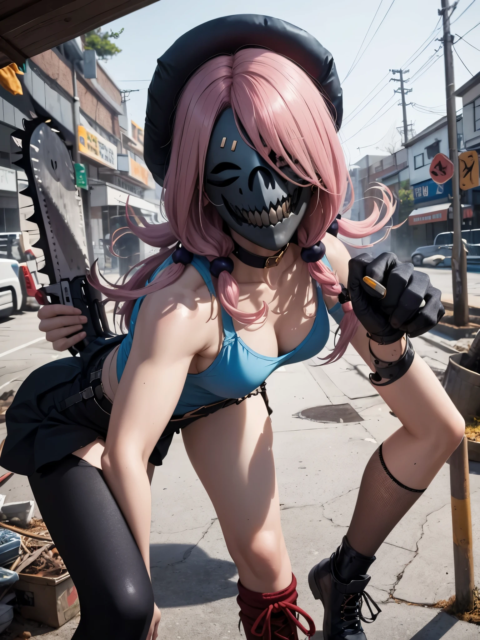 chainsaw_head, hirose yasuho, hair bobbles, no eyes, chainsaw, mask, weapon, (masterpiece, best quality, detailed:1.3), glamorous