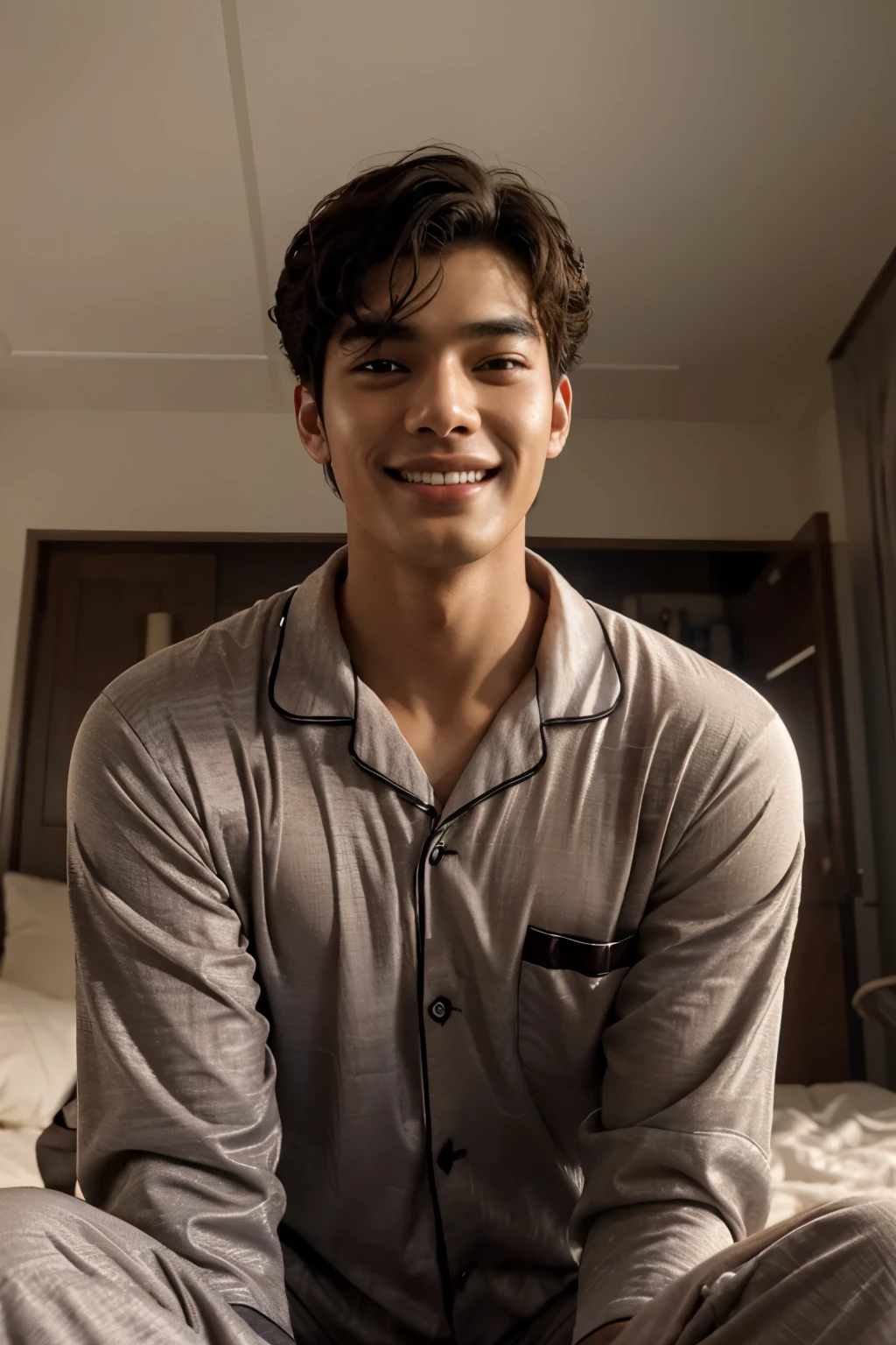 mix of cha eun woo and rowoon korean actor wavy short hair, laying on the bed, alone:1.2) , (he's wearing pajamas:1.3), (he's laying on the bed looking at the ceiling:1.3), he has (brown eyes, dark brown short curly hair:1.2), (he's smiling too much, looking at the ceiling:1.2), anime style, 16k, best quality, high details, textured skin, UHD, masterpiece, anatomically correct
